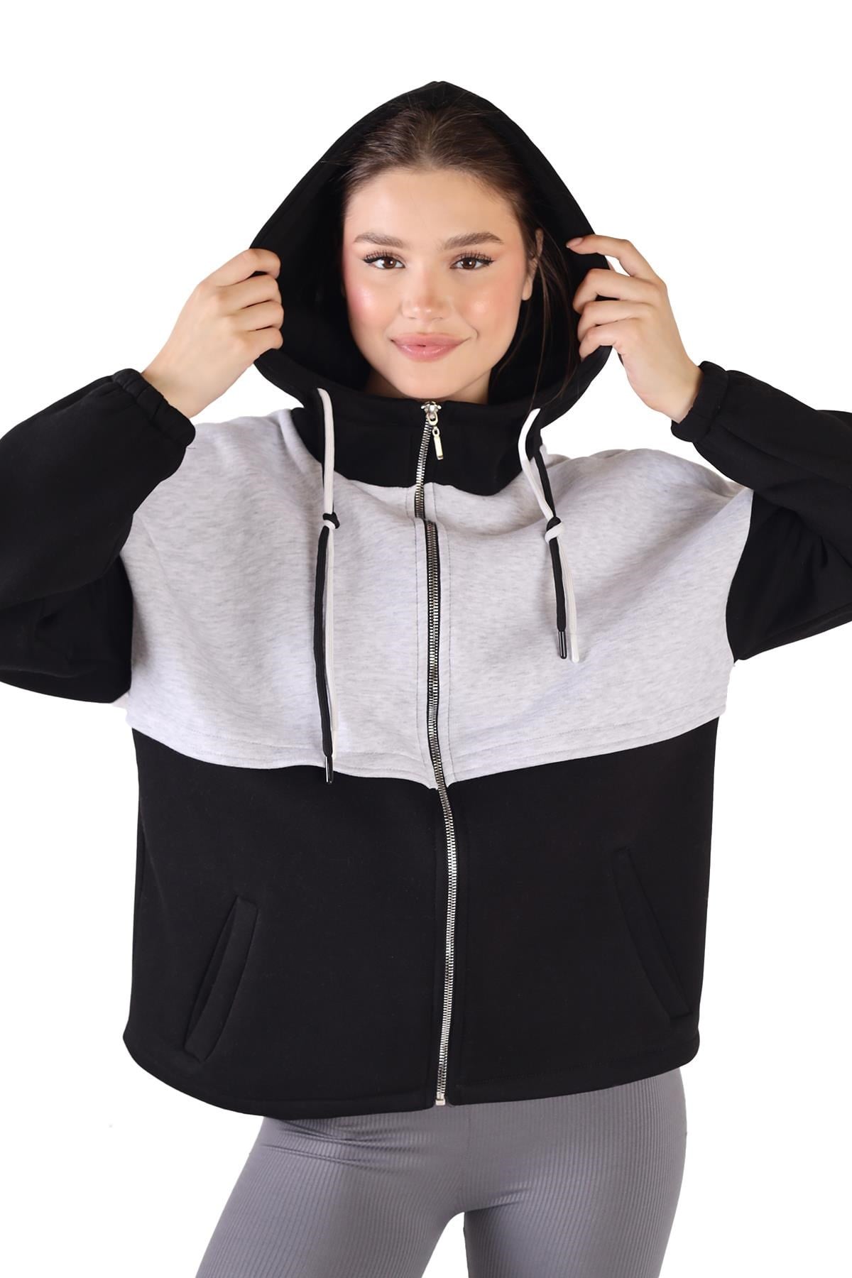Siyah-Gri Fermuar Detay Çift Renk Sweat 9144M