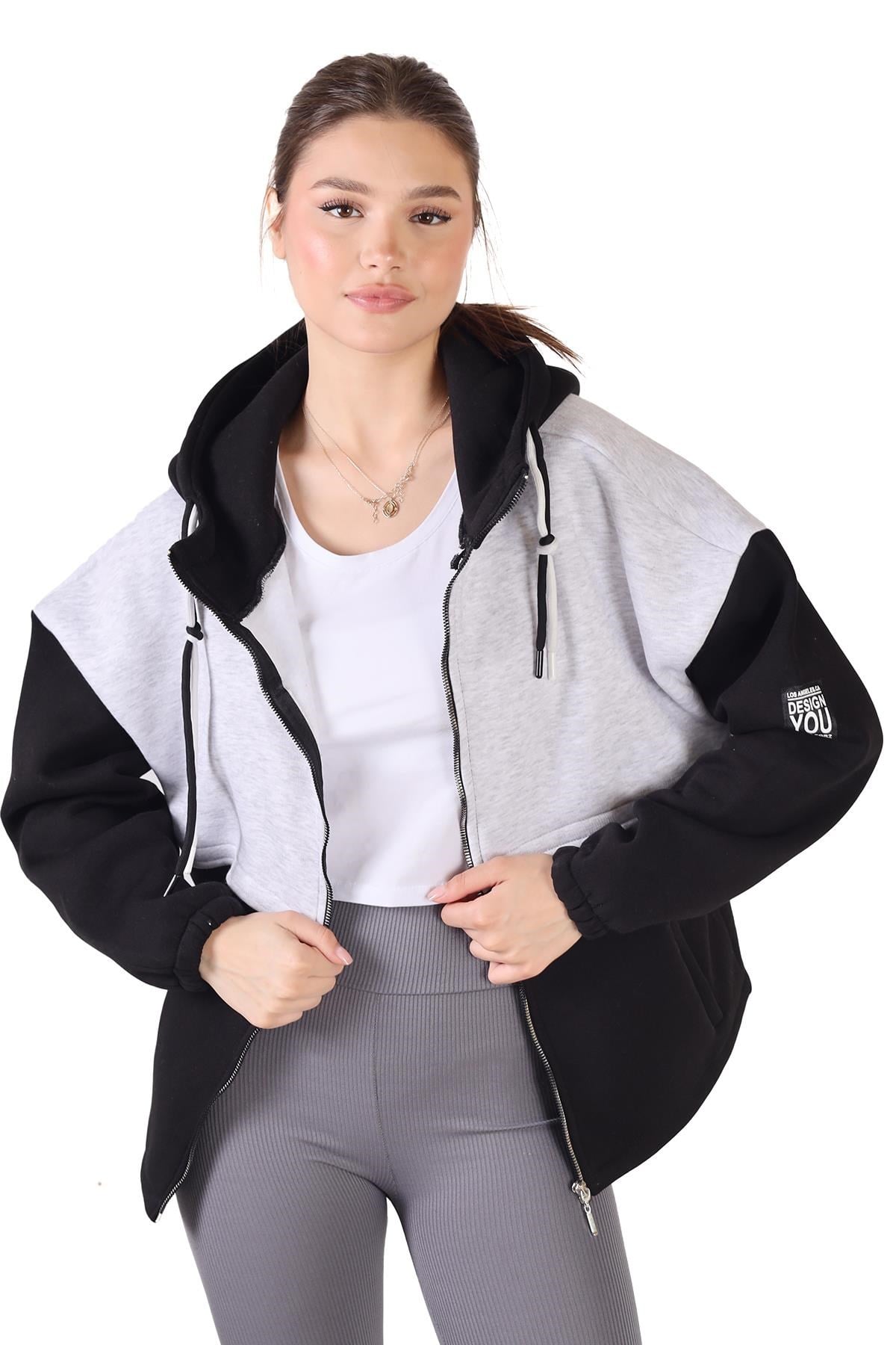 Siyah-Gri Fermuar Detay Çift Renk Sweat 9144M