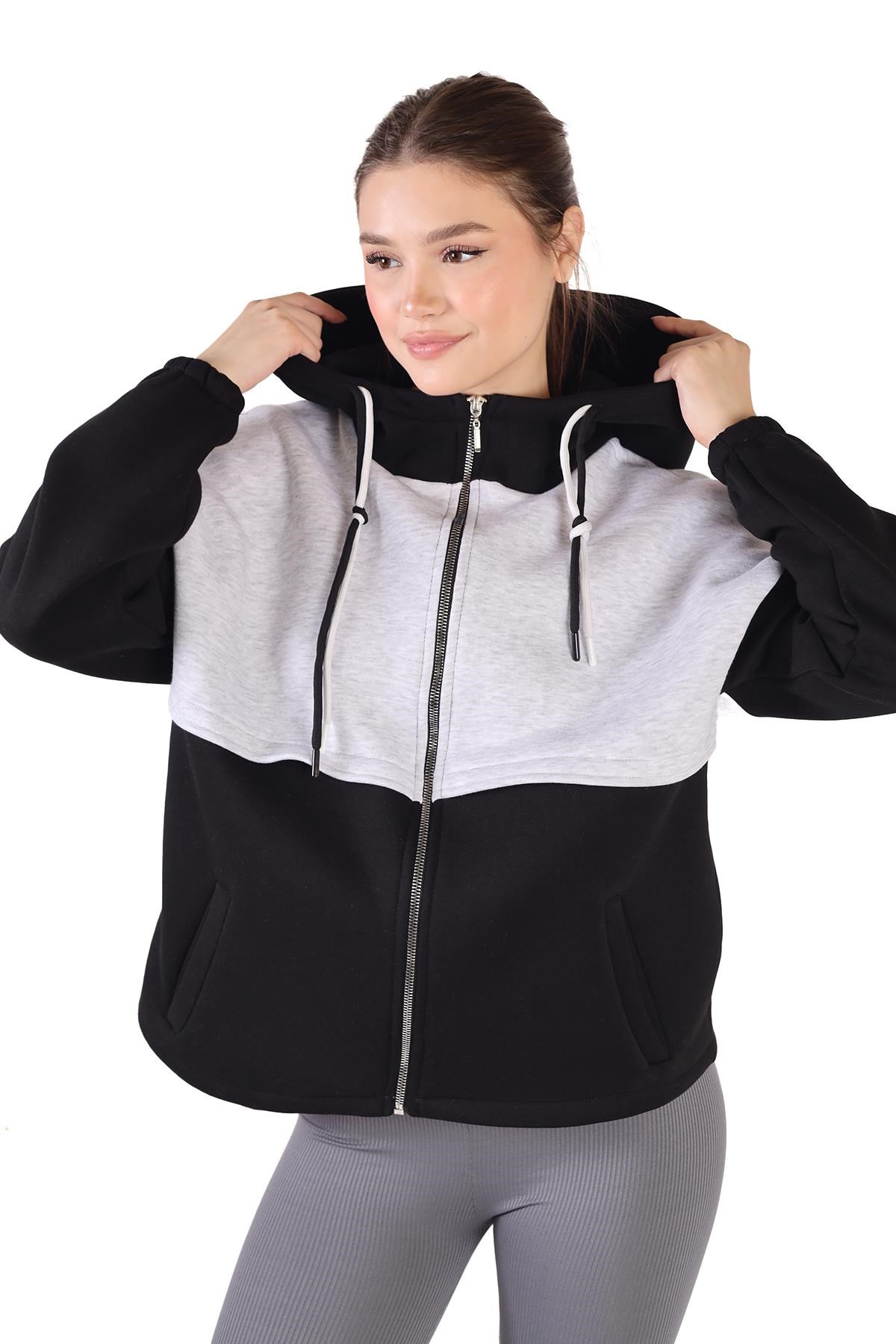Siyah-Gri Fermuar Detay Çift Renk Sweat 9144M