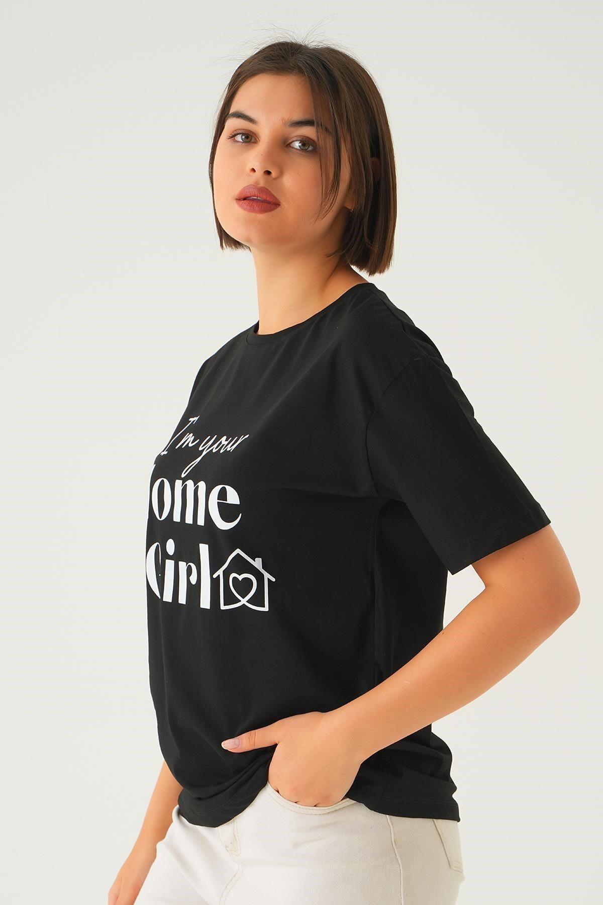 Siyah Home Girl Baskı Oversize Tişört 1715
