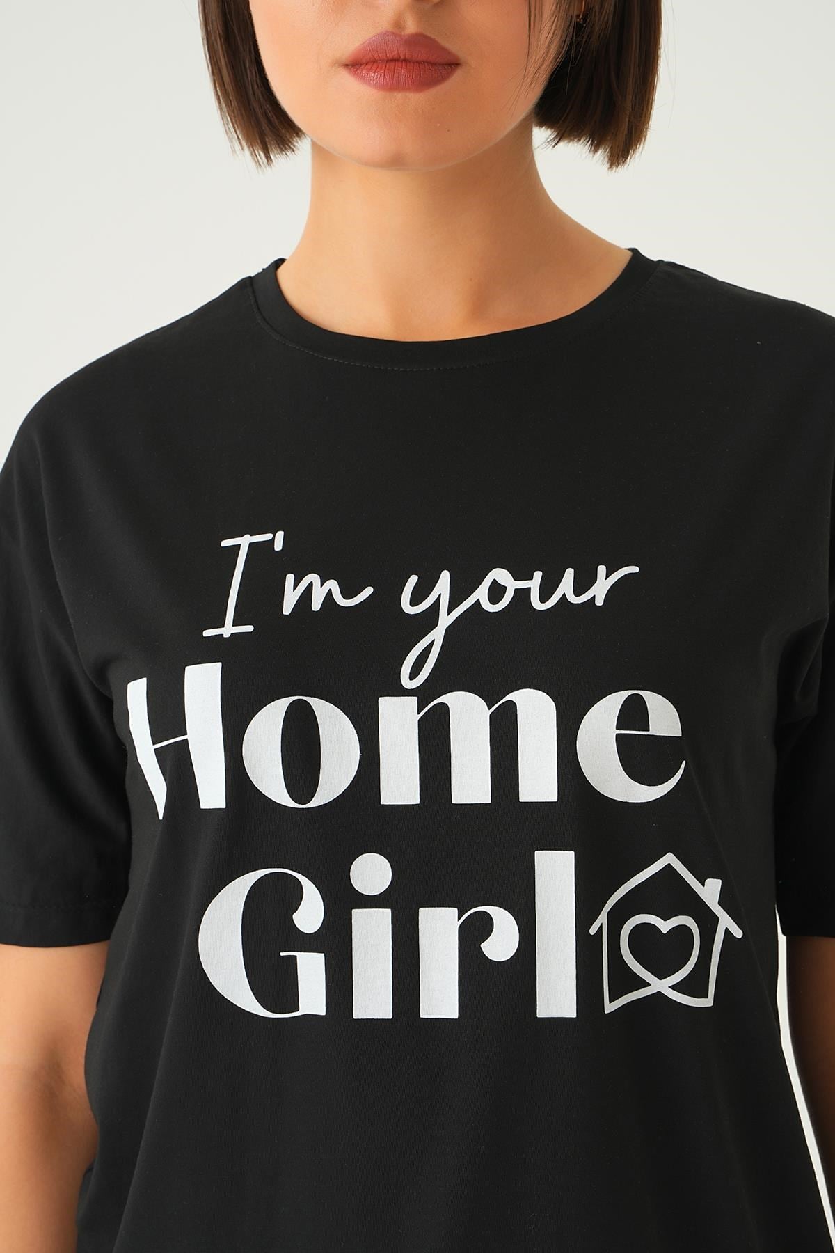 Siyah Home Girl Baskı Oversize Tişört 1715
