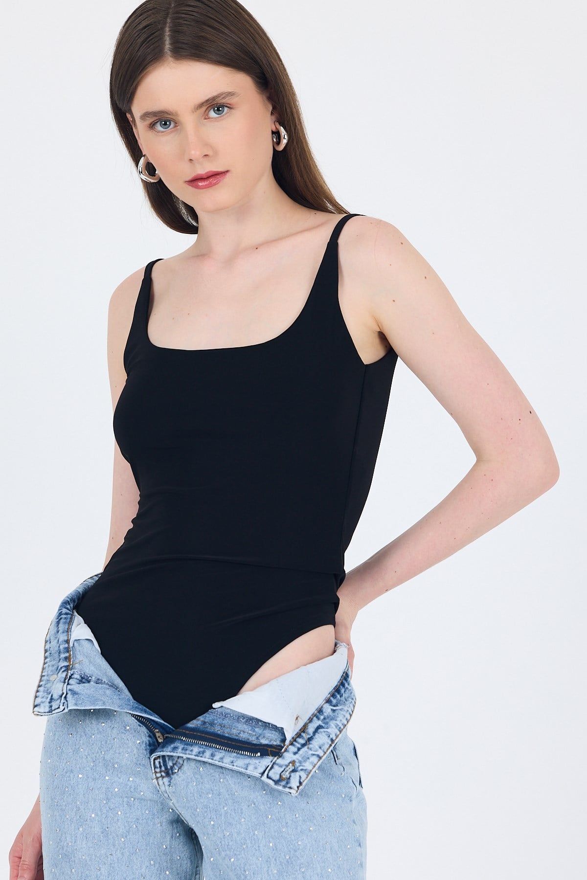 Siyah  İnce Askılı Çıtçıtlı Bodysuit 13255