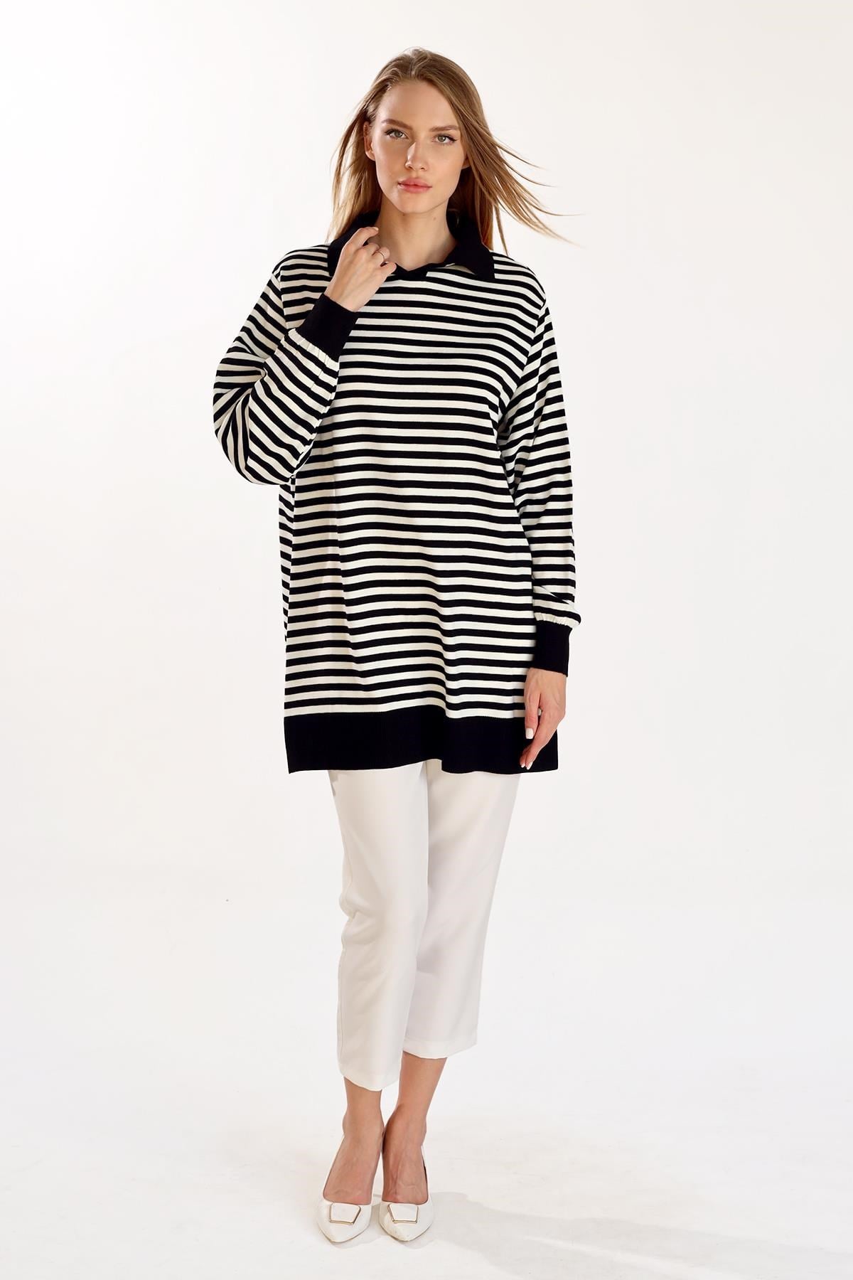 Siyah İnce Çizgi Polo Yaka Tunik 5345