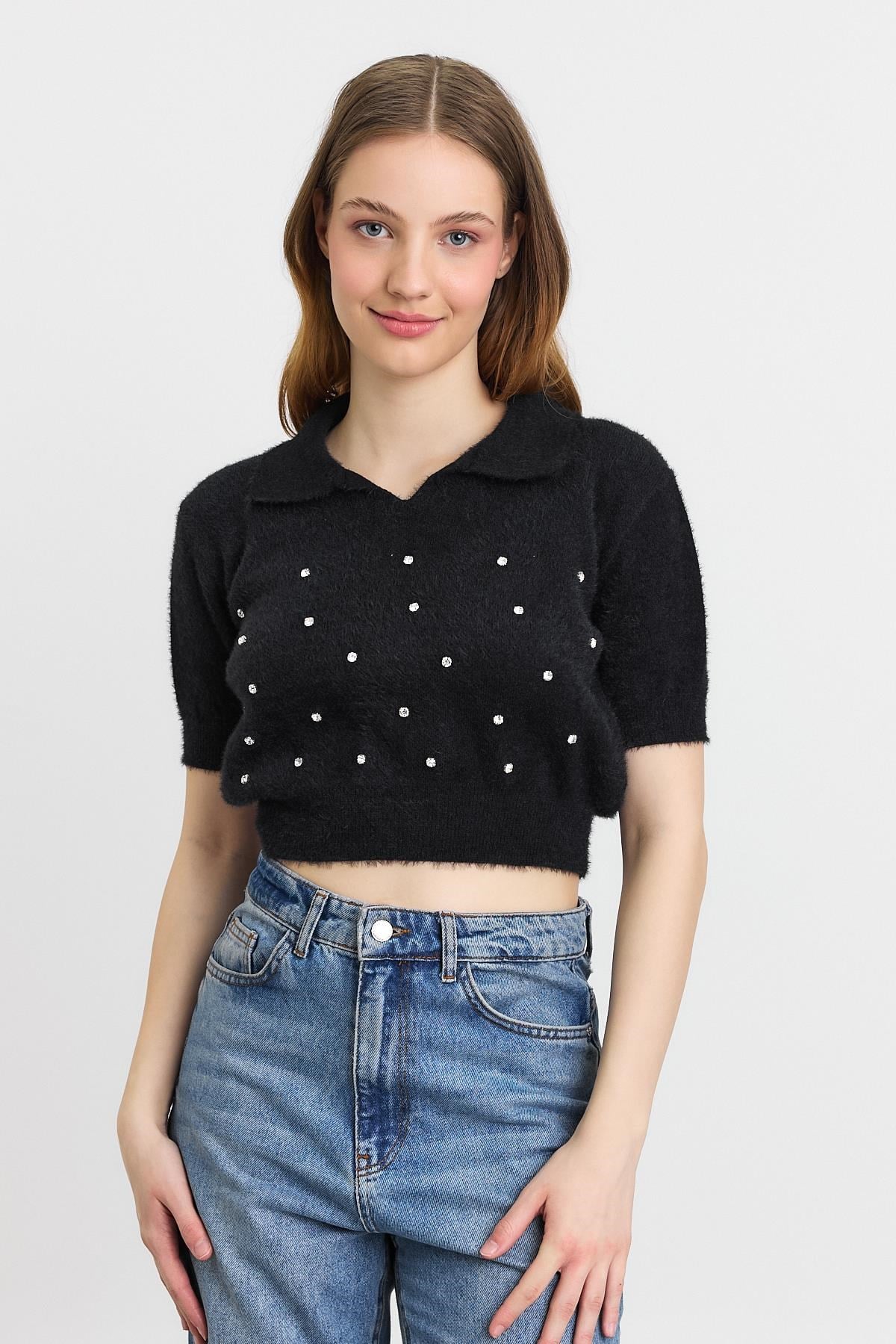 Siyah İnci Detay Yumoş Kazak 6625