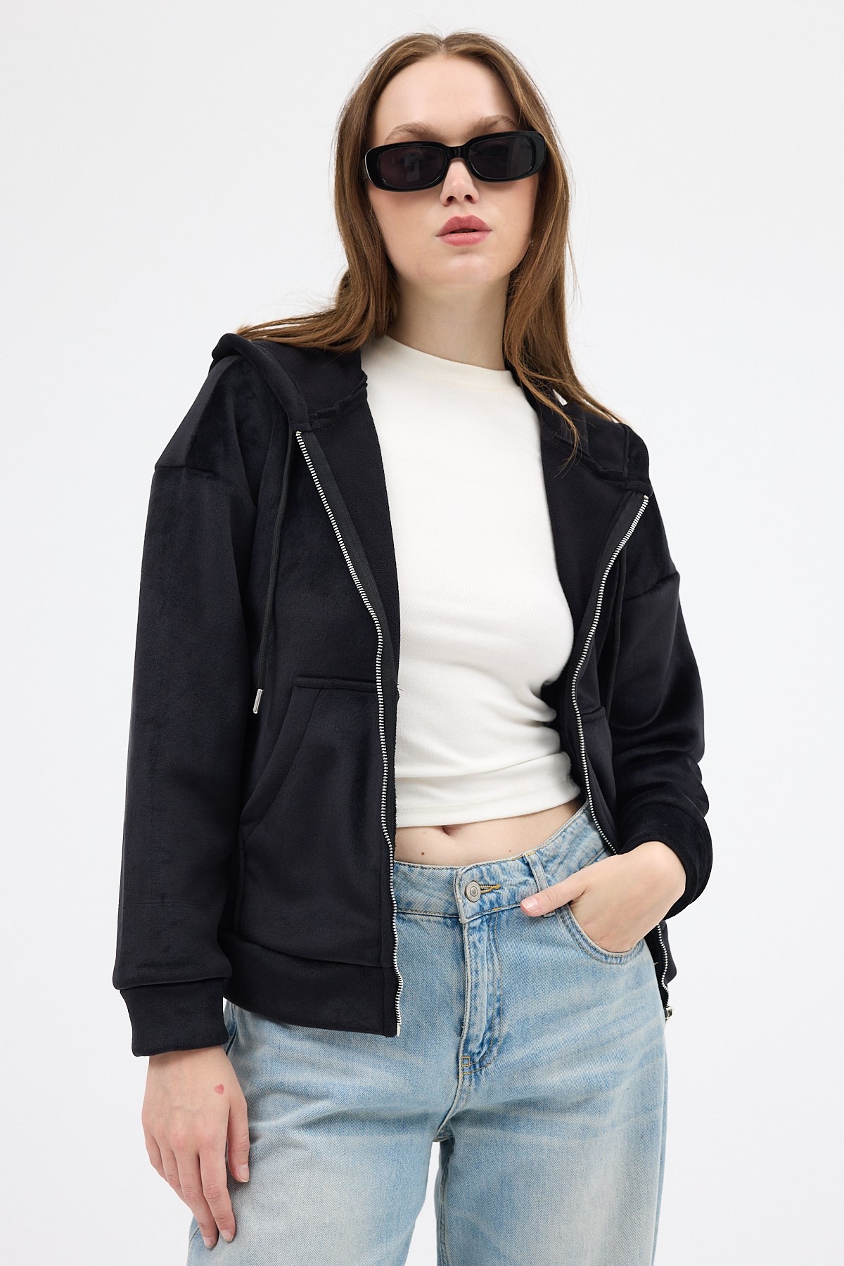 Siyah Kadın Fermuarlı Kapüşonlu Sweatshirt 3059A