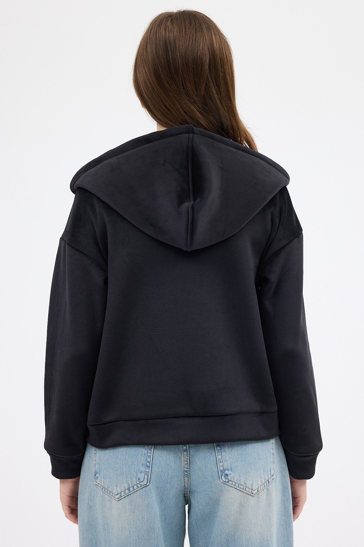 Siyah Kadın Fermuarlı Kapüşonlu Sweatshirt 3059A