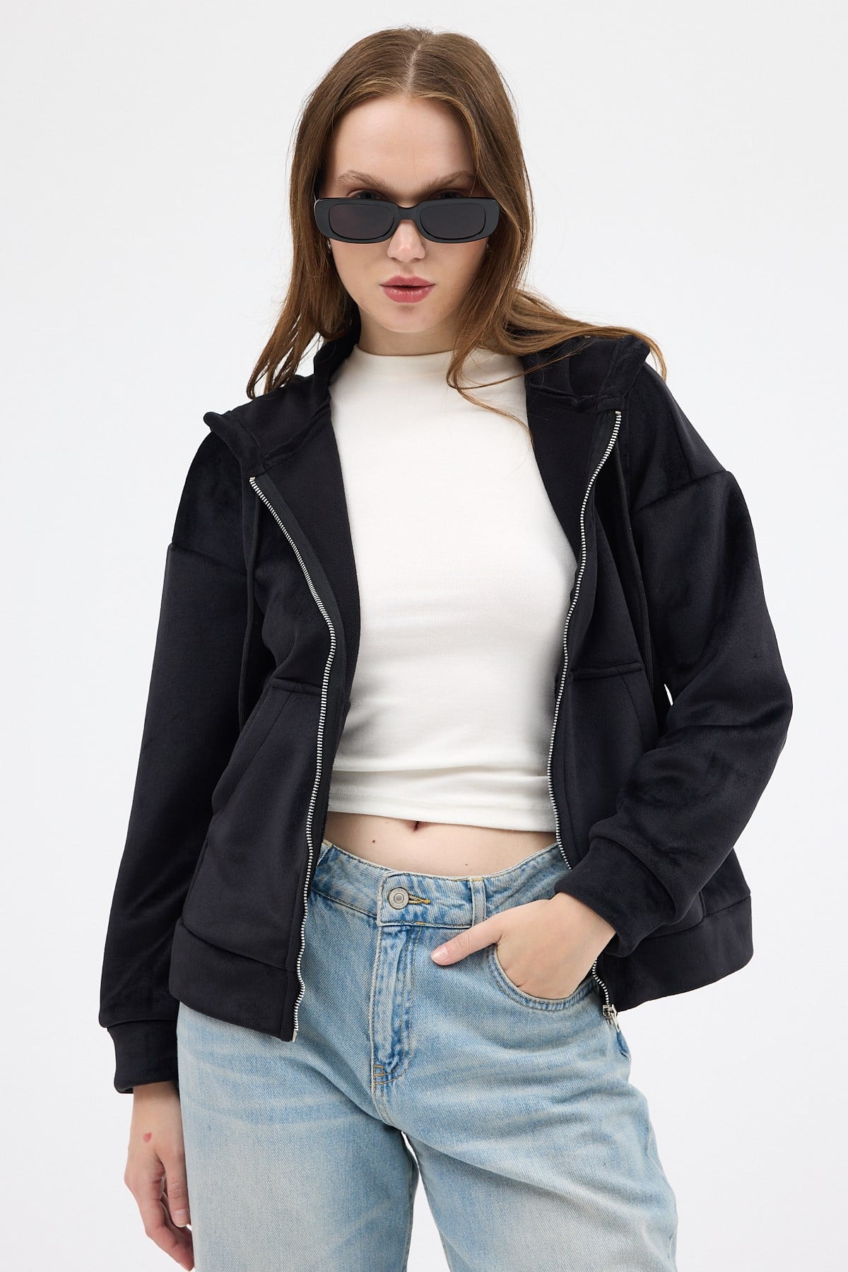 Siyah Kadın Fermuarlı Kapüşonlu Sweatshirt 3059A