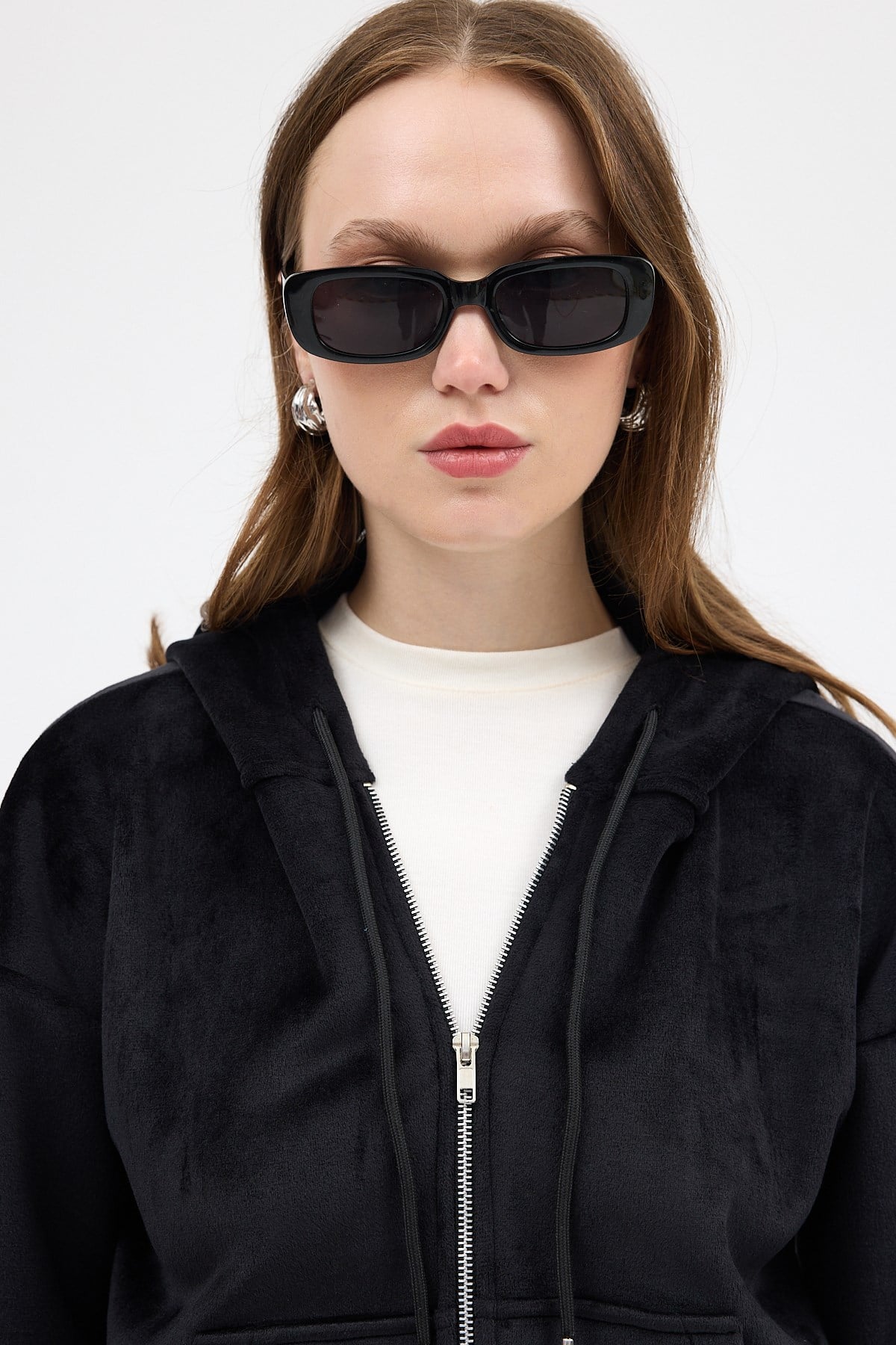 Siyah Kadın Fermuarlı Kapüşonlu Sweatshirt 3059A