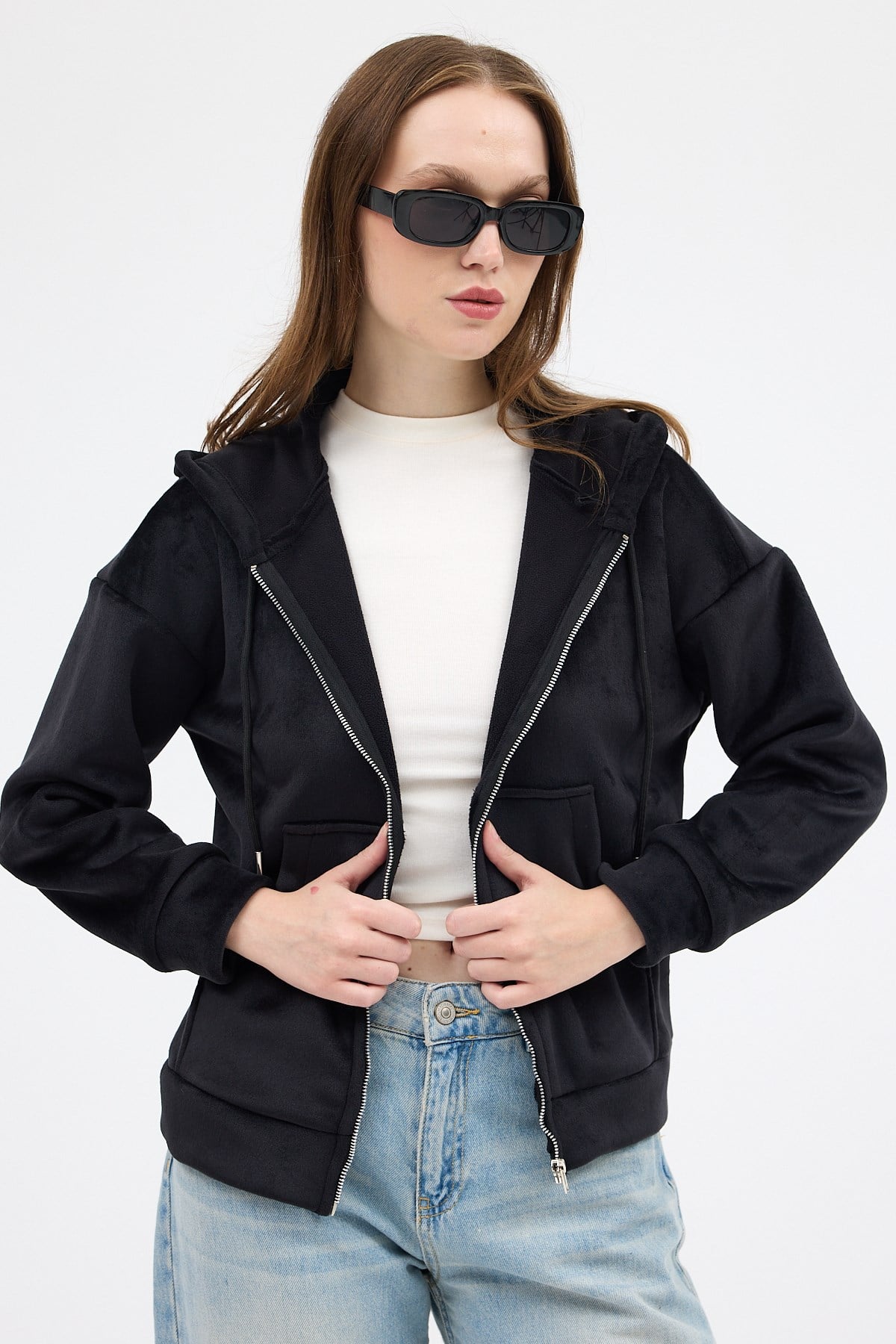 Siyah Kadın Fermuarlı Kapüşonlu Sweatshirt 3059A