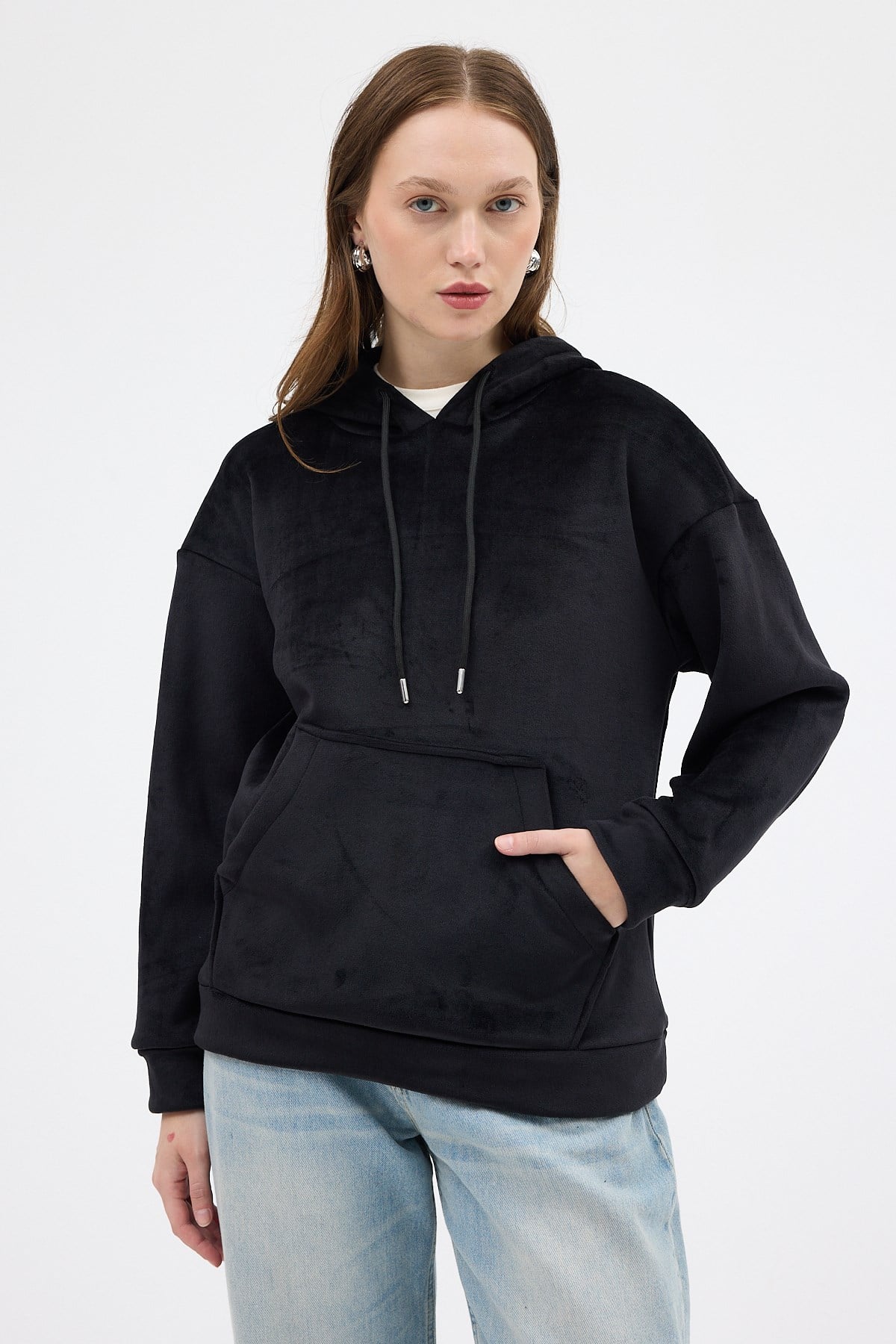 Siyah Kadın Peluş Kanguru Cepli Kapüşonlu Sweatshirt 3061A