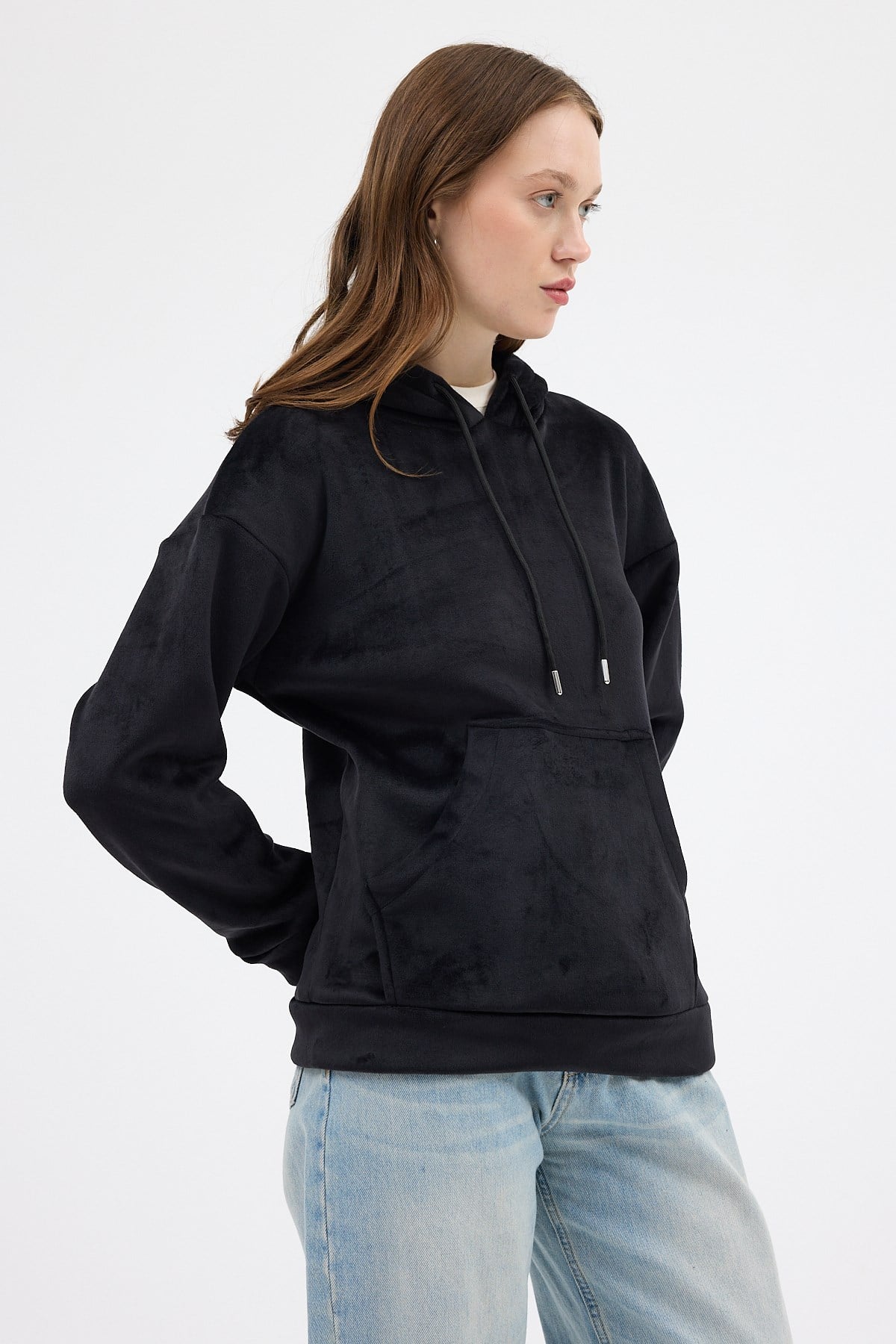 Siyah Kadın Peluş Kanguru Cepli Kapüşonlu Sweatshirt 3061A