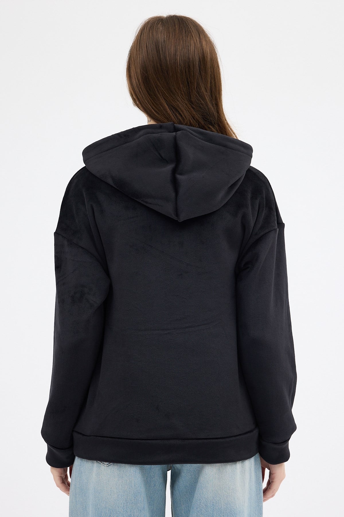 Siyah Kadın Peluş Kanguru Cepli Kapüşonlu Sweatshirt 3061A
