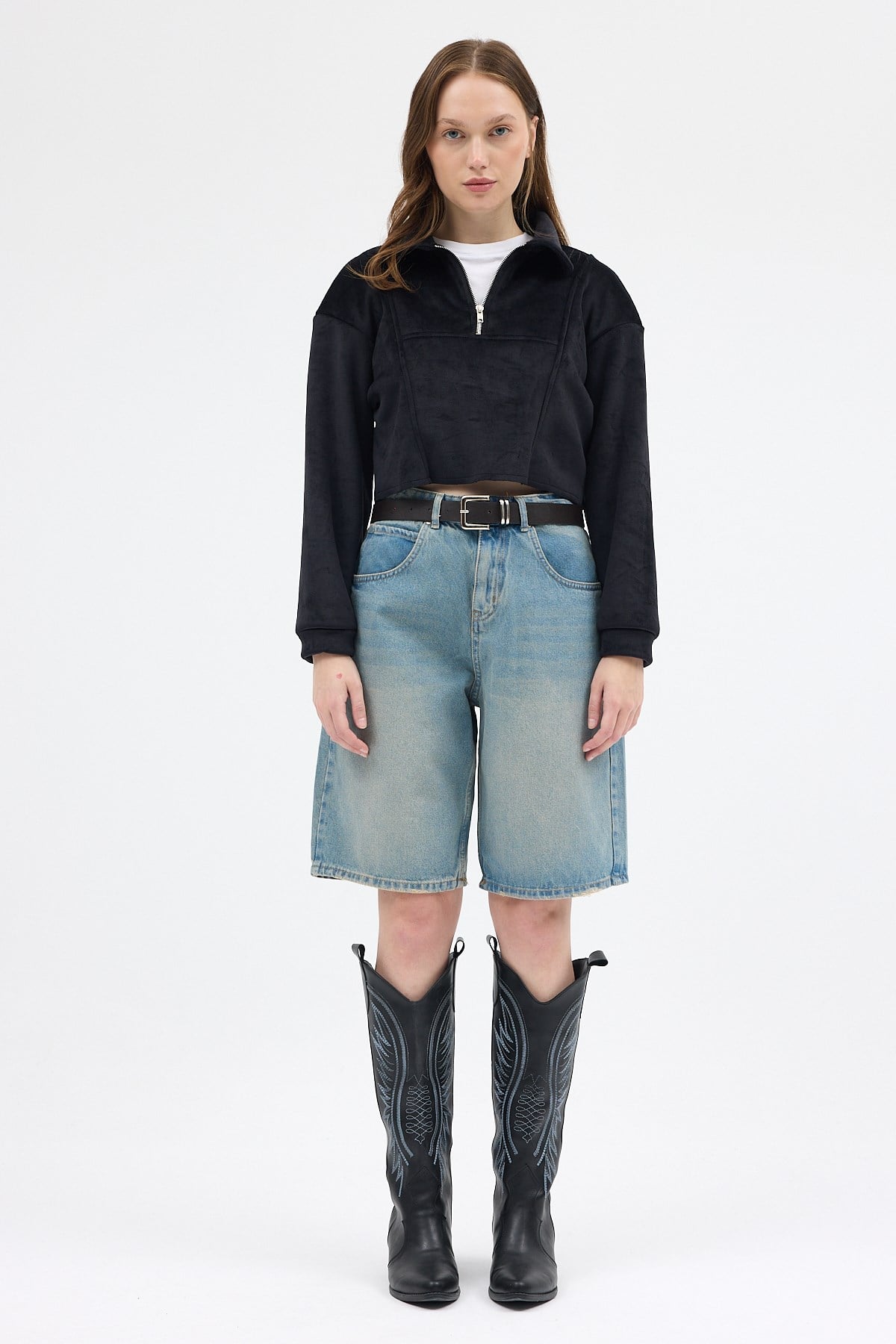 Siyah Kadın Peluş Yarım Fermuarlı Crop Sweatshirt 3056A