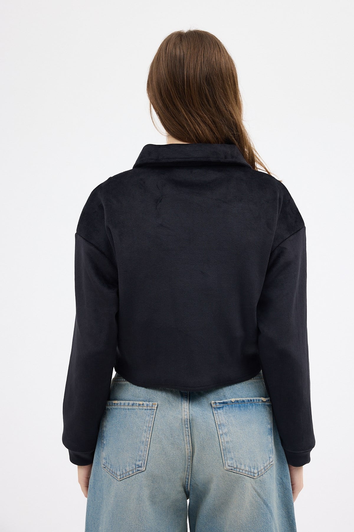 Siyah Kadın Peluş Yarım Fermuarlı Crop Sweatshirt 3056A