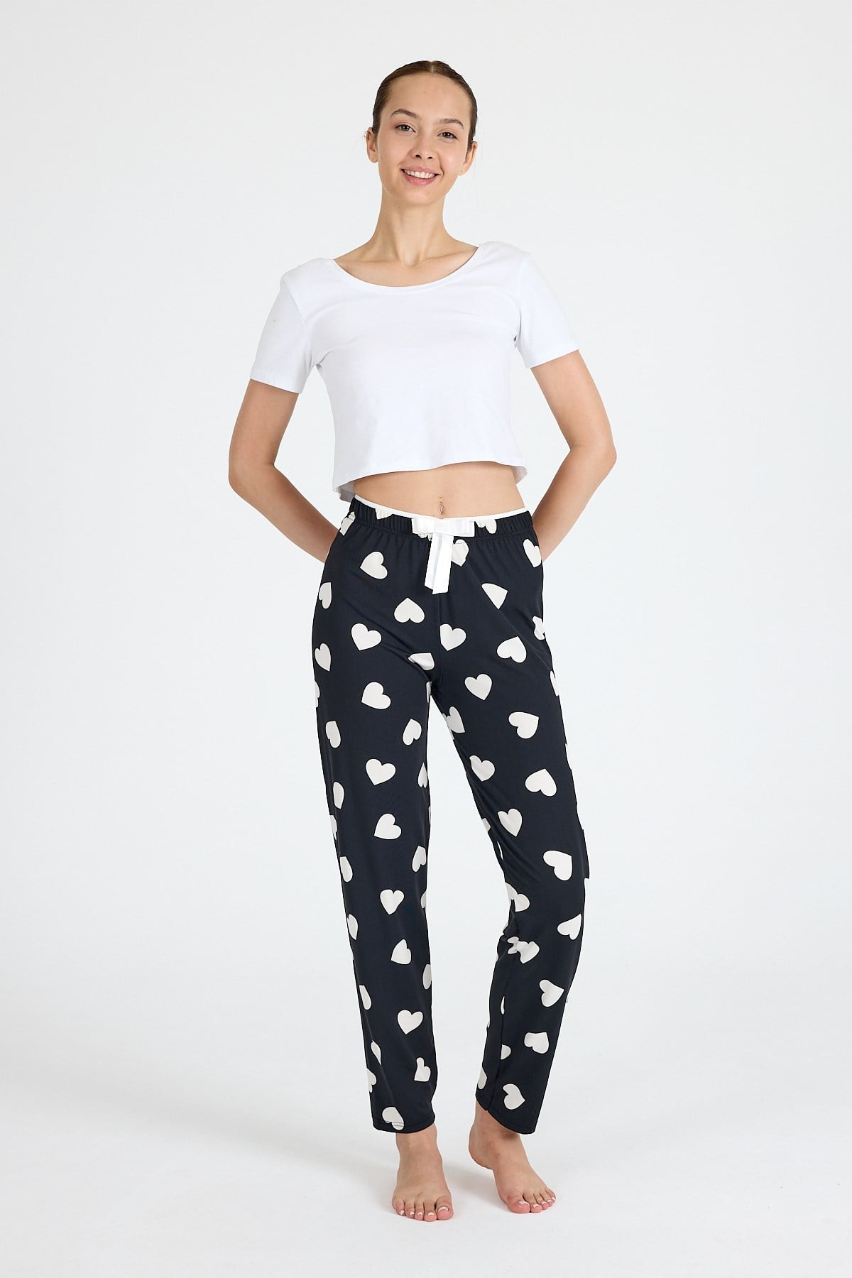 Siyah Kalp Desenli Örme Pijama Altı 4522