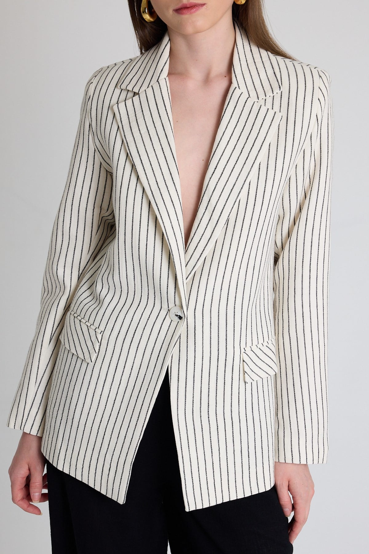 Siyah Keten Görünümlü %100 Pamuk Çizgili Blazer Ceket 2305