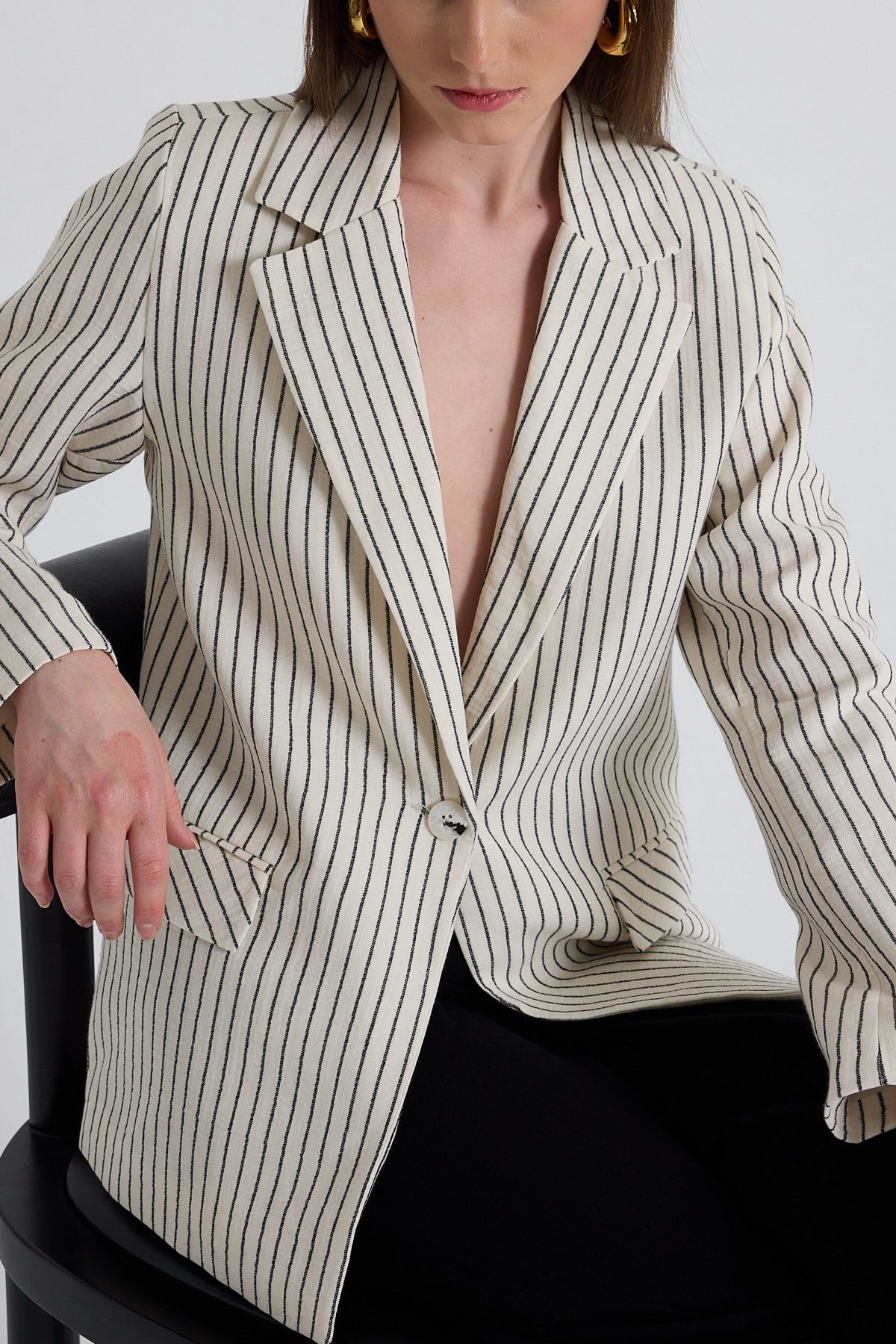 Siyah Keten Görünümlü %100 Pamuk Çizgili Blazer Ceket 2305