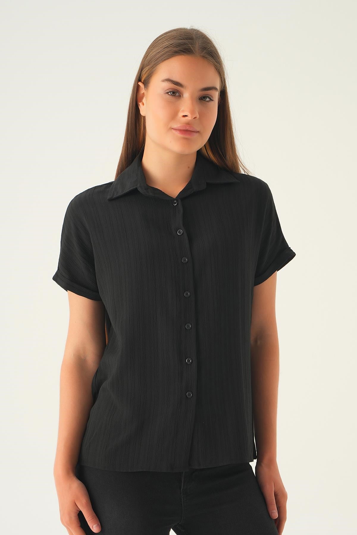 Siyah Kısa Kol Oversize Gömlek 4163A