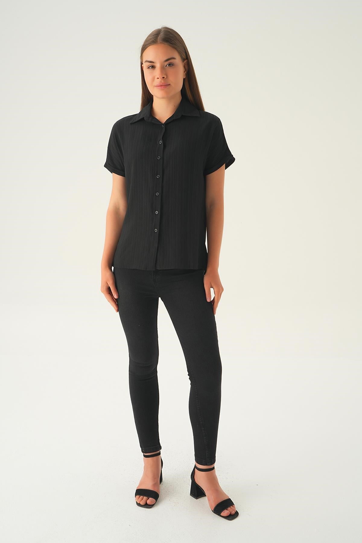Siyah Kısa Kol Oversize Gömlek 4163A