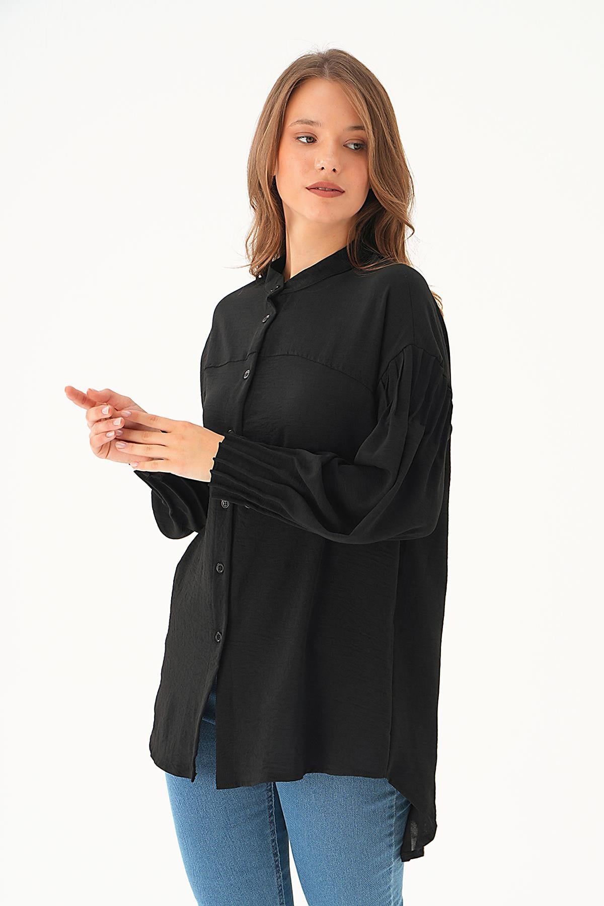 Siyah Kol Drape Detay Gömlek 4098A
