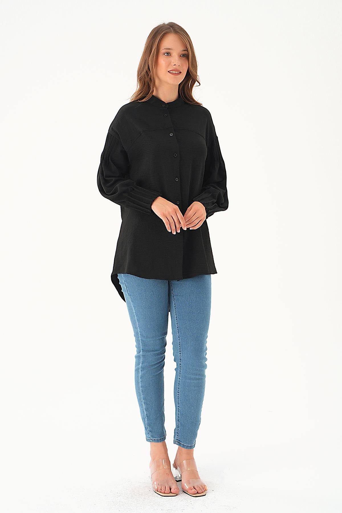 Siyah Kol Drape Detay Gömlek 4098A