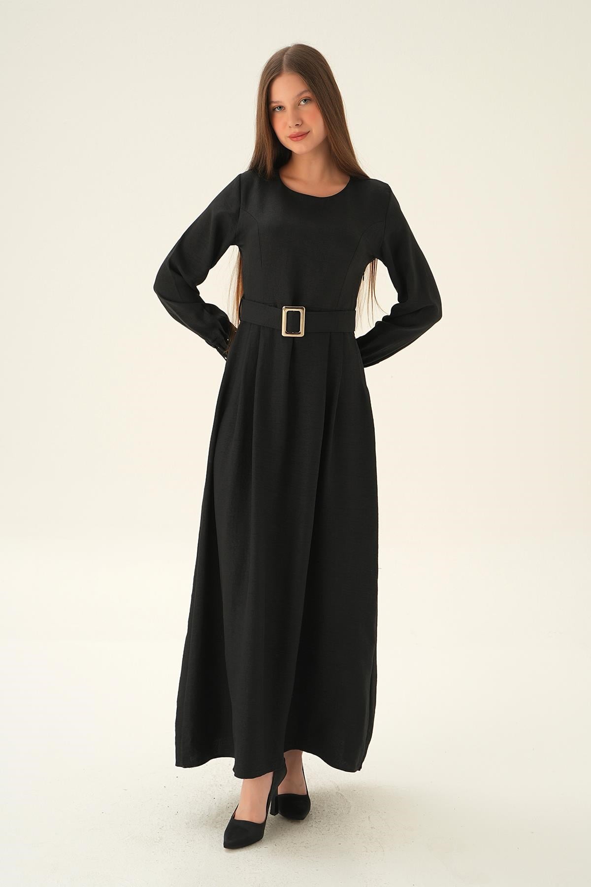 Siyah Kol Drape Detay Kemerli Elbise 2659
