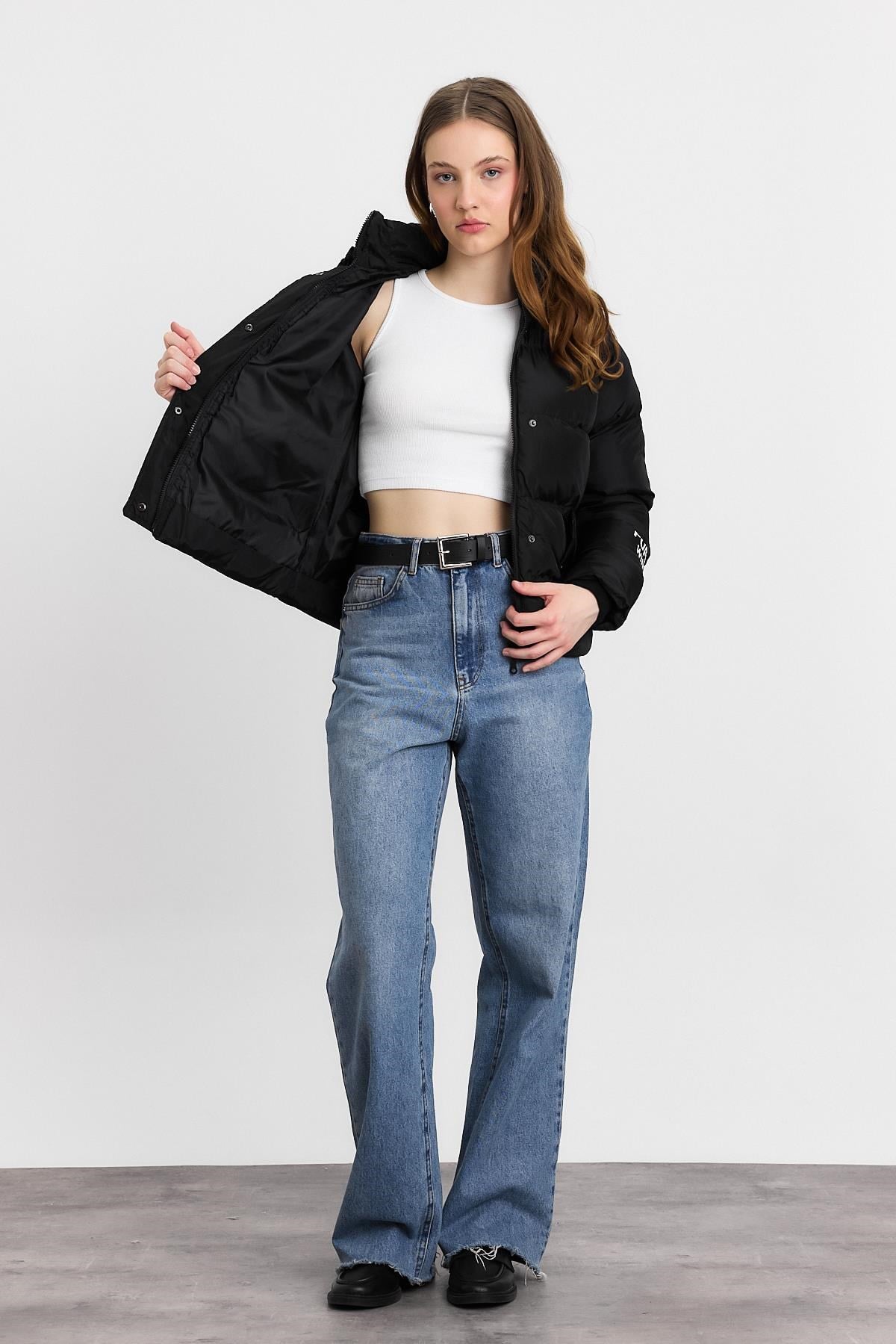 Siyah Kol Puffer Winter Yazı Mont 3020