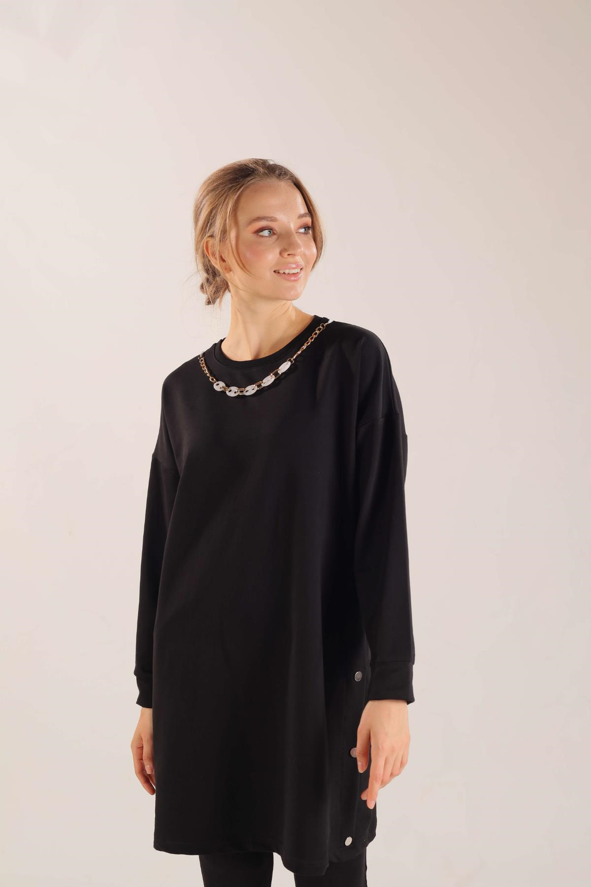 Siyah Kolyeli Çıtçıt Detay Sweat Takım 3479