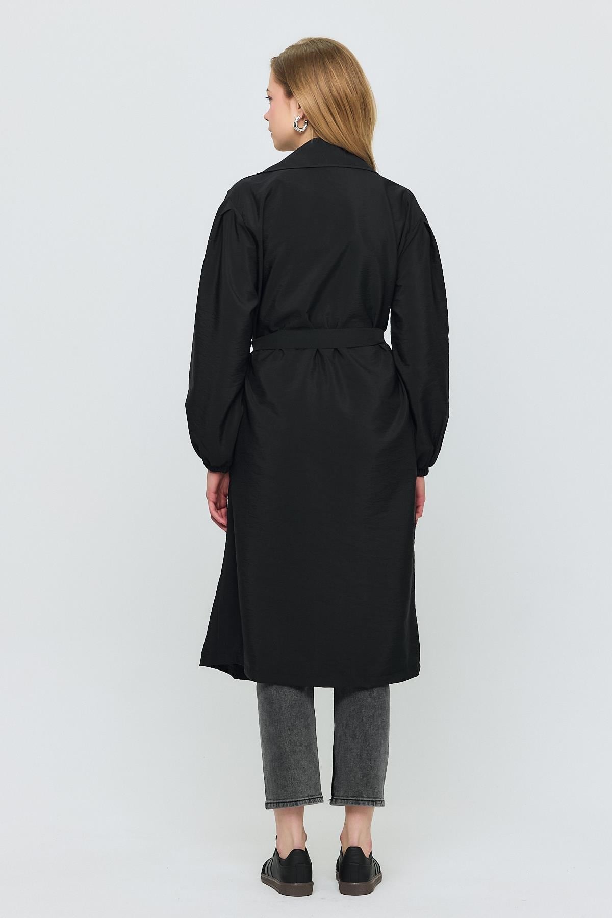Siyah Kuşaklı Kol Lastikli Trençkot 4579A