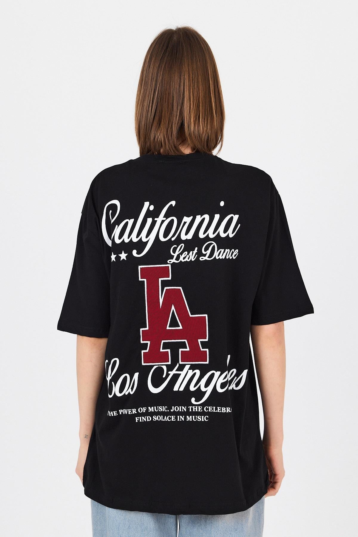 Siyah LA Baskılı California Yazılı Oversize Tişört 5197