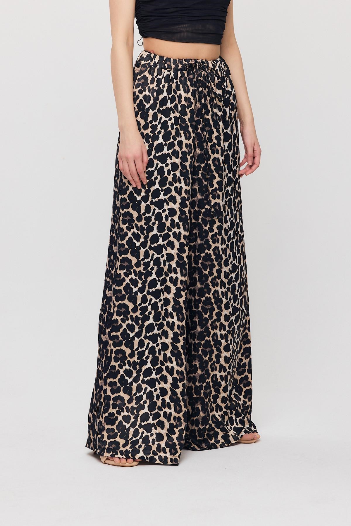 Siyah Leopar Desen Bel Bağcık Pantolon 9410