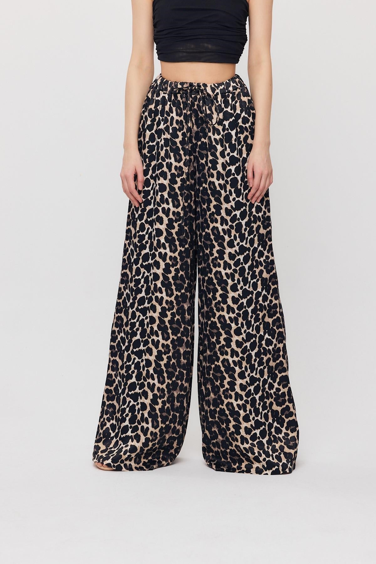 Siyah Leopar Desen Bel Bağcık Pantolon 9410