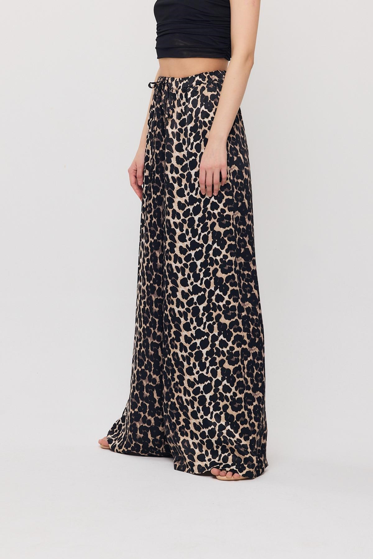 Siyah Leopar Desen Bel Bağcık Pantolon 9410