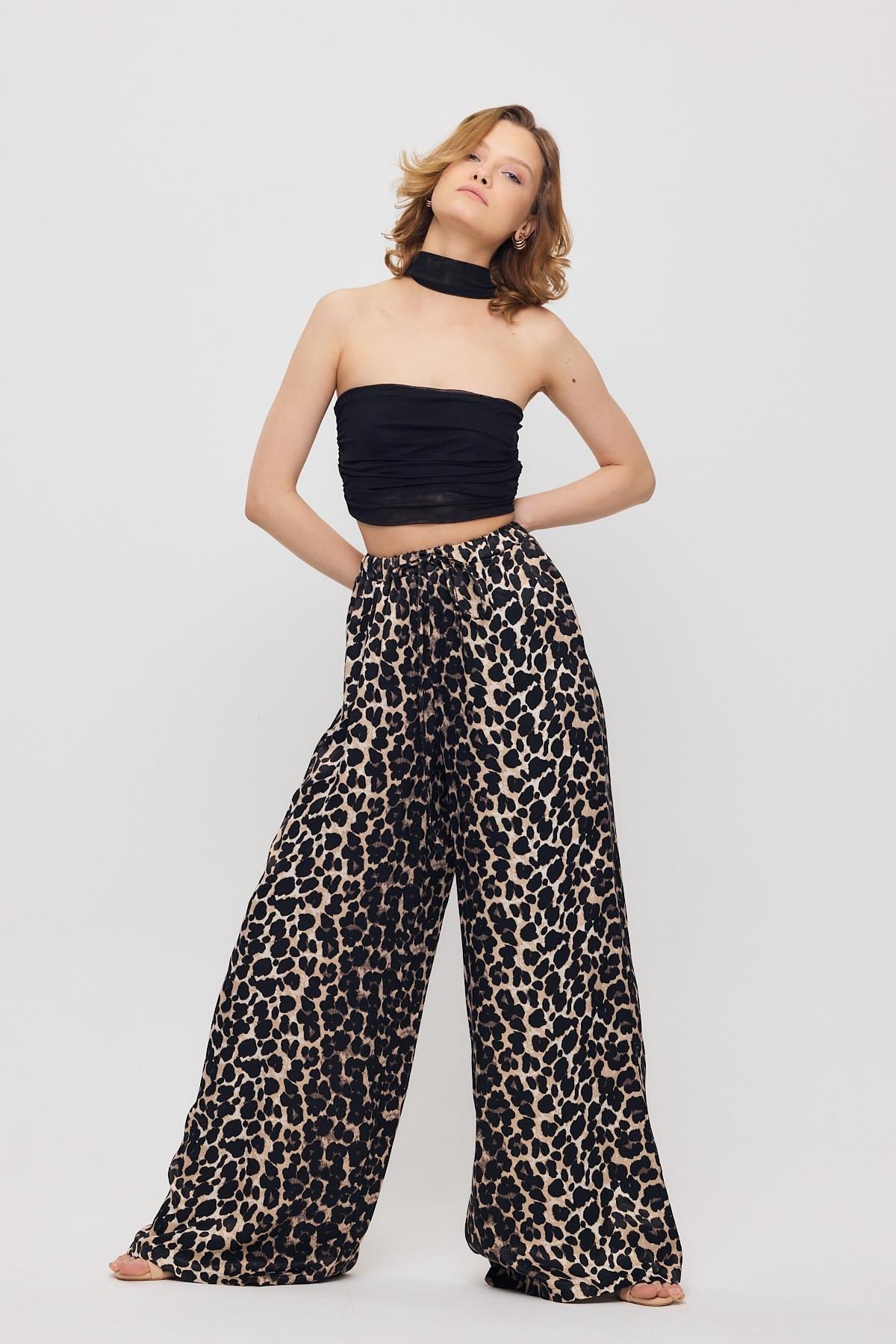 Siyah Leopar Desen Bel Bağcık Pantolon 9410