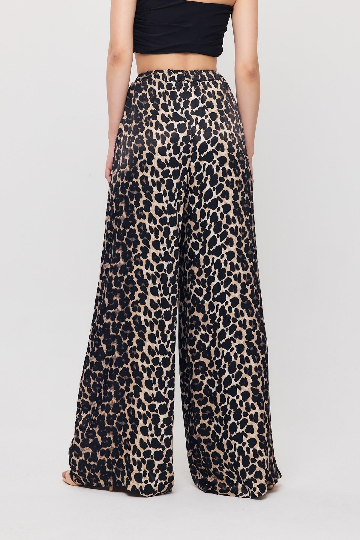 Siyah Leopar Desen Bel Bağcık Pantolon 9410