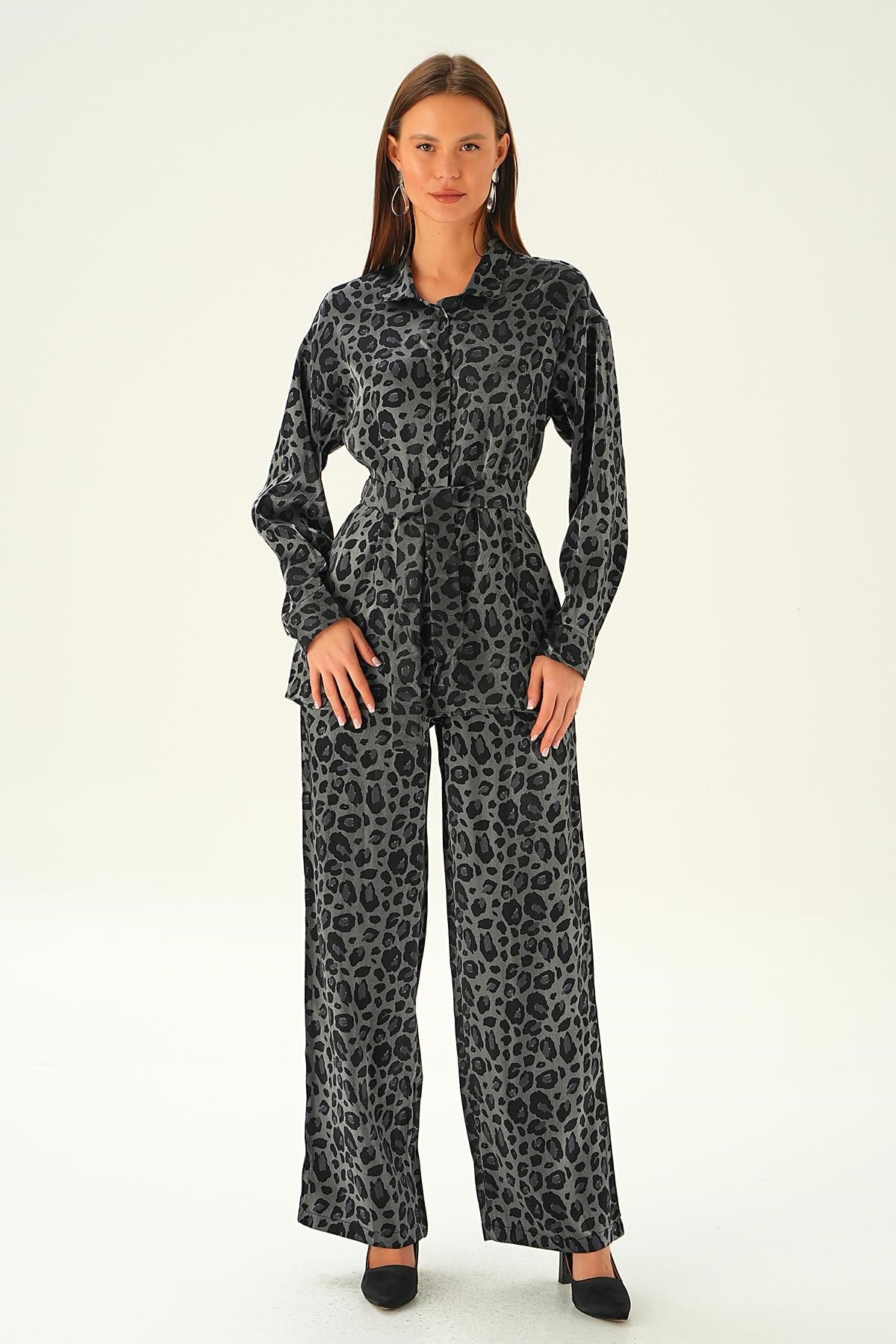 Siyah Leopar Desen Pantolon Takım 3001