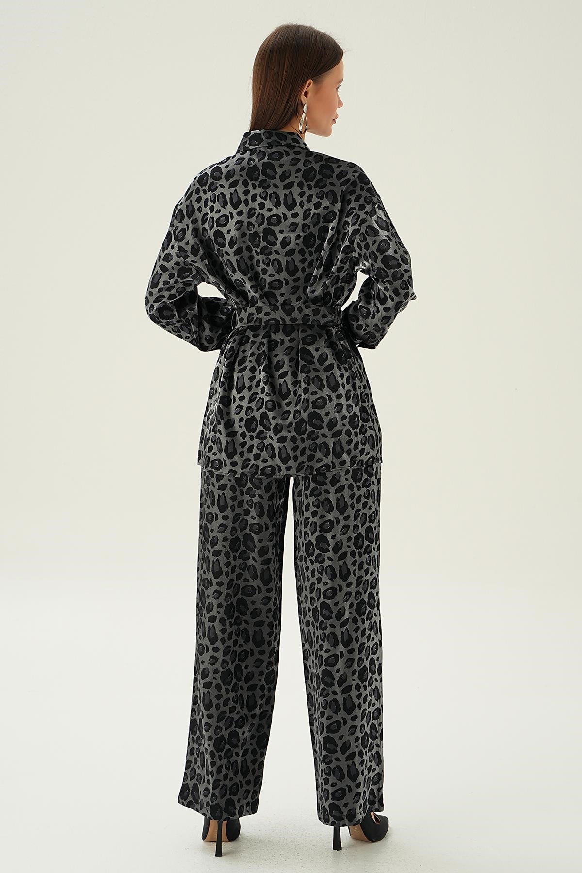 Siyah Leopar Desen Pantolon Takım 3001