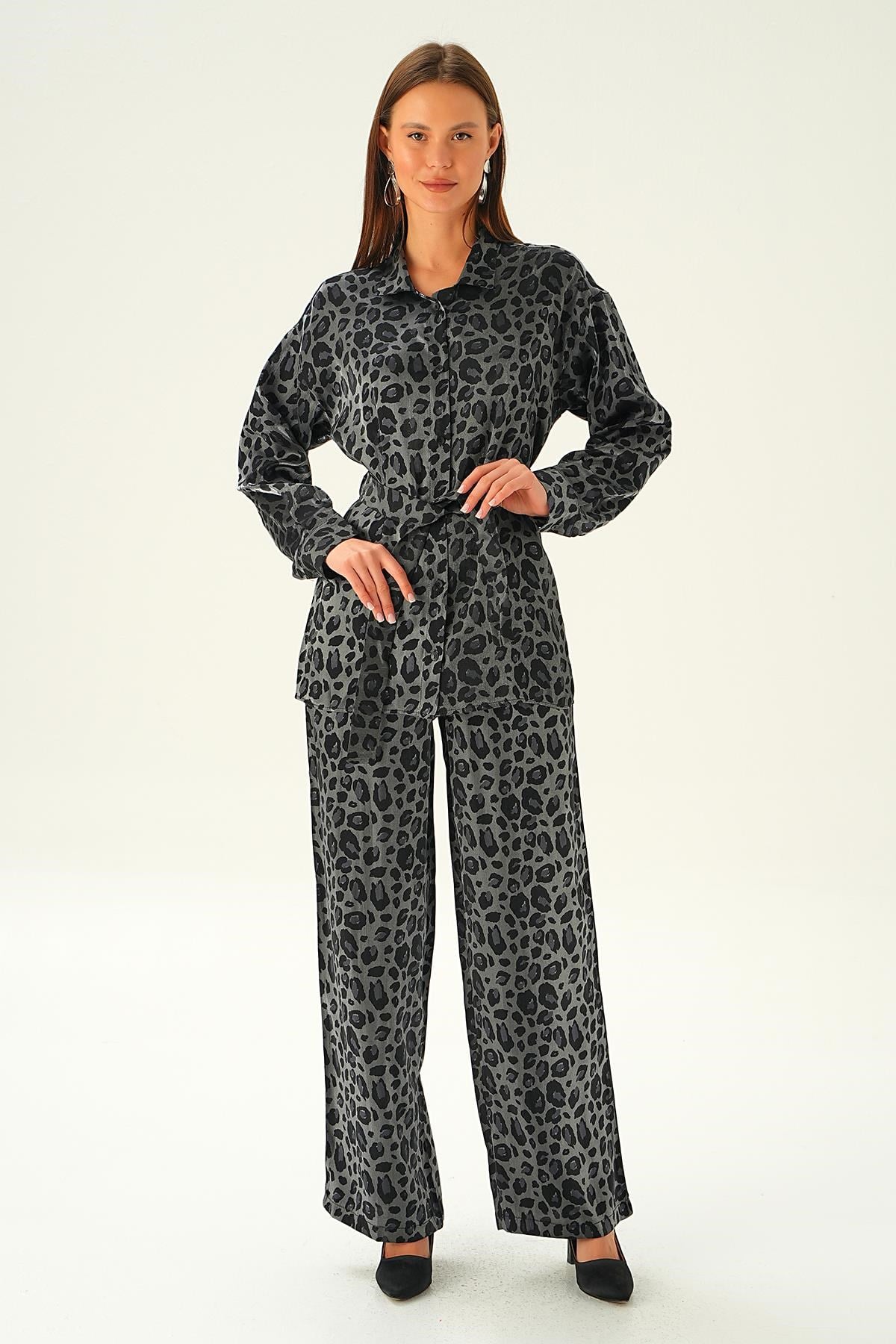 Siyah Leopar Desen Pantolon Takım 3001