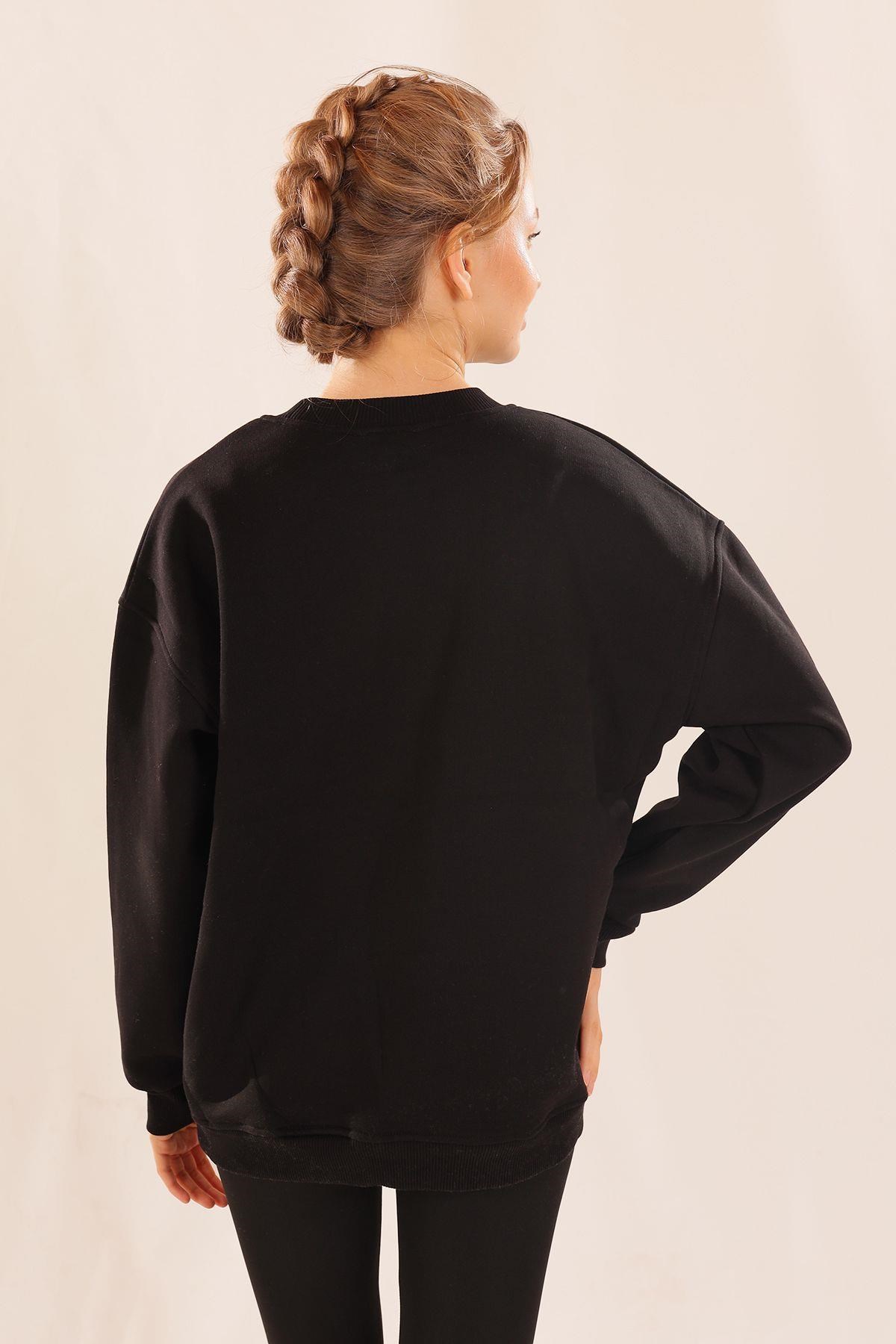 Siyah Leopar Detay Sweat 3569