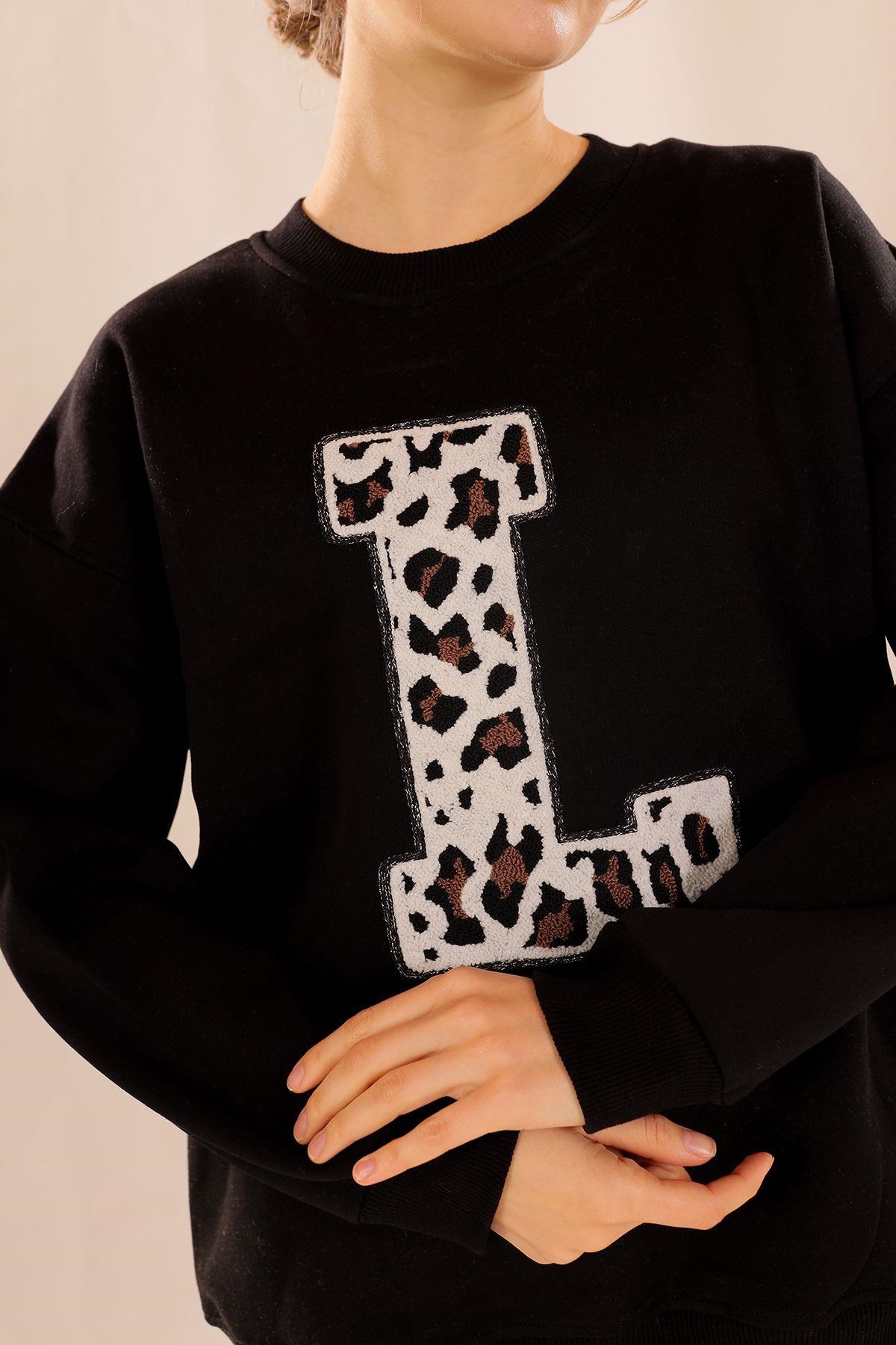 Siyah Leopar Detay Sweat 3569