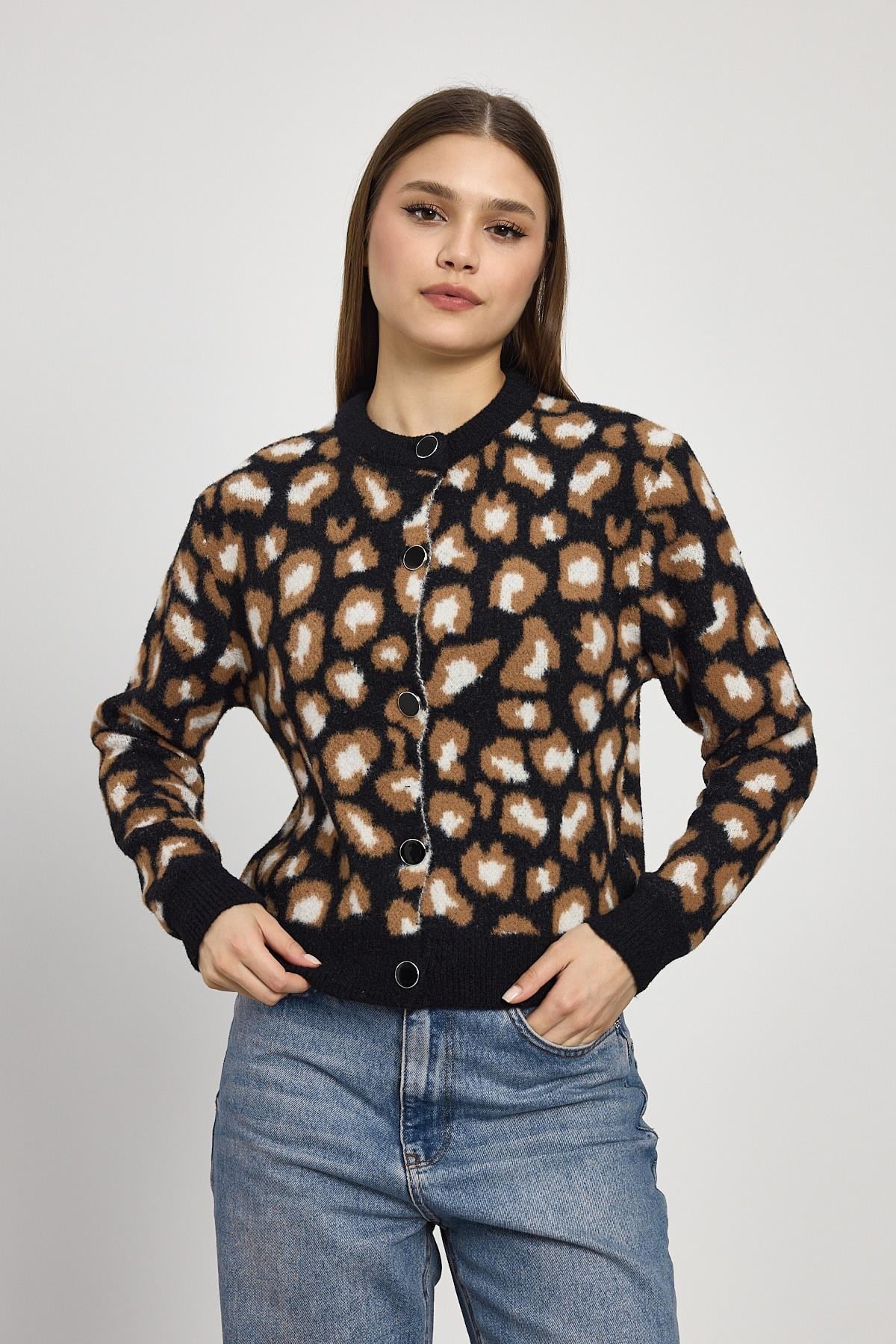 Siyah Leopar Detay Triko Hırka 24367