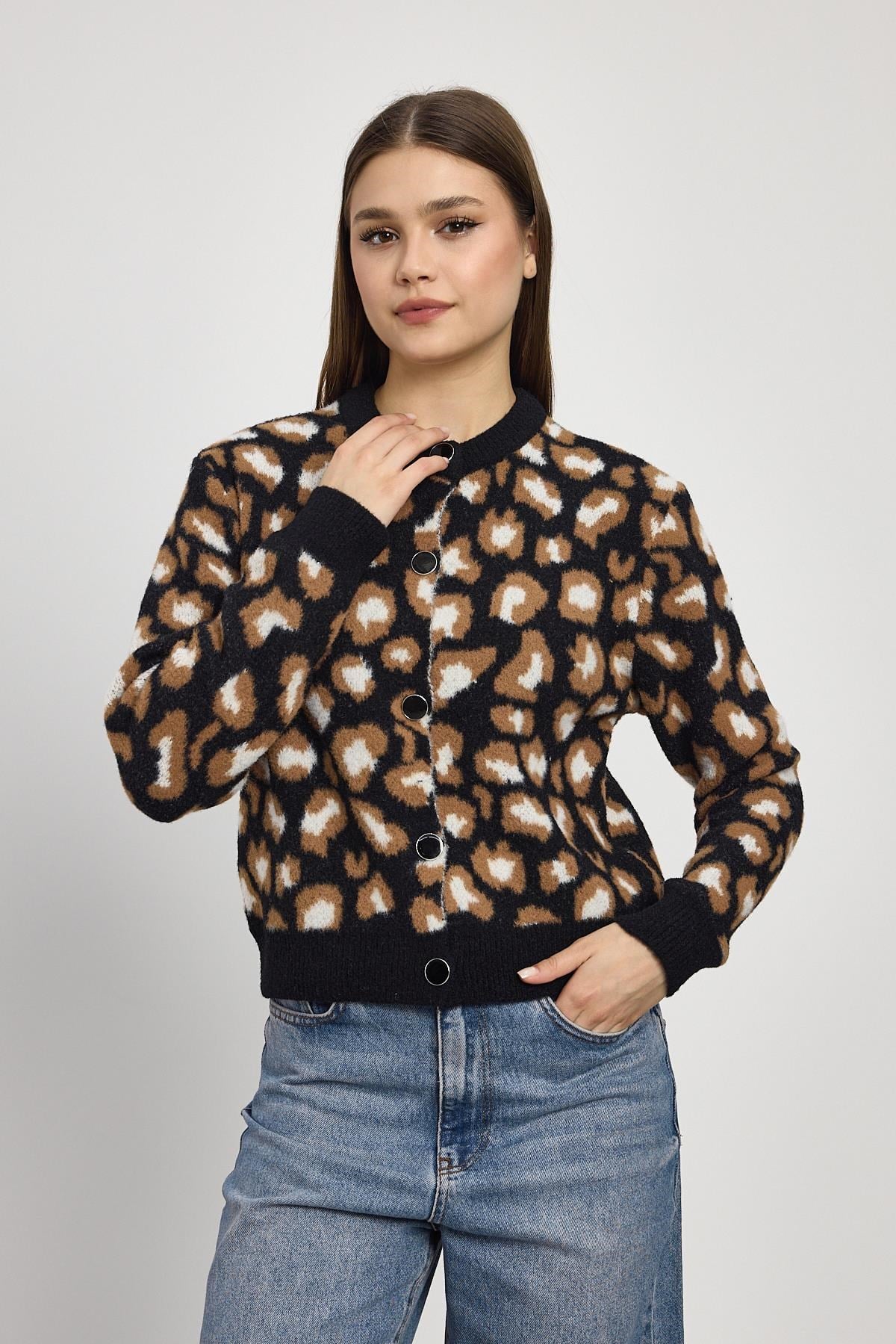 Siyah Leopar Detay Triko Hırka 24367
