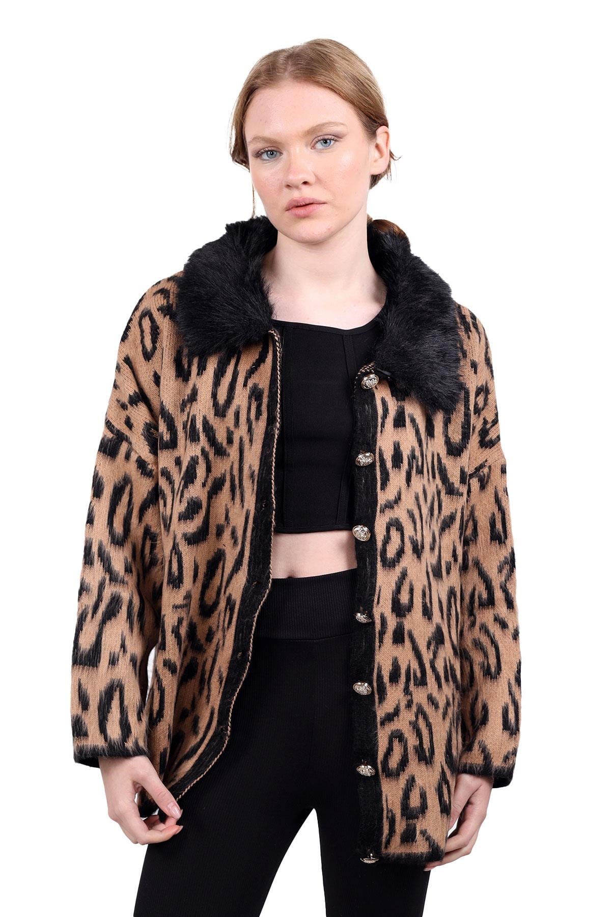Siyah Leopar Yakası Kürklü Hırka 22288