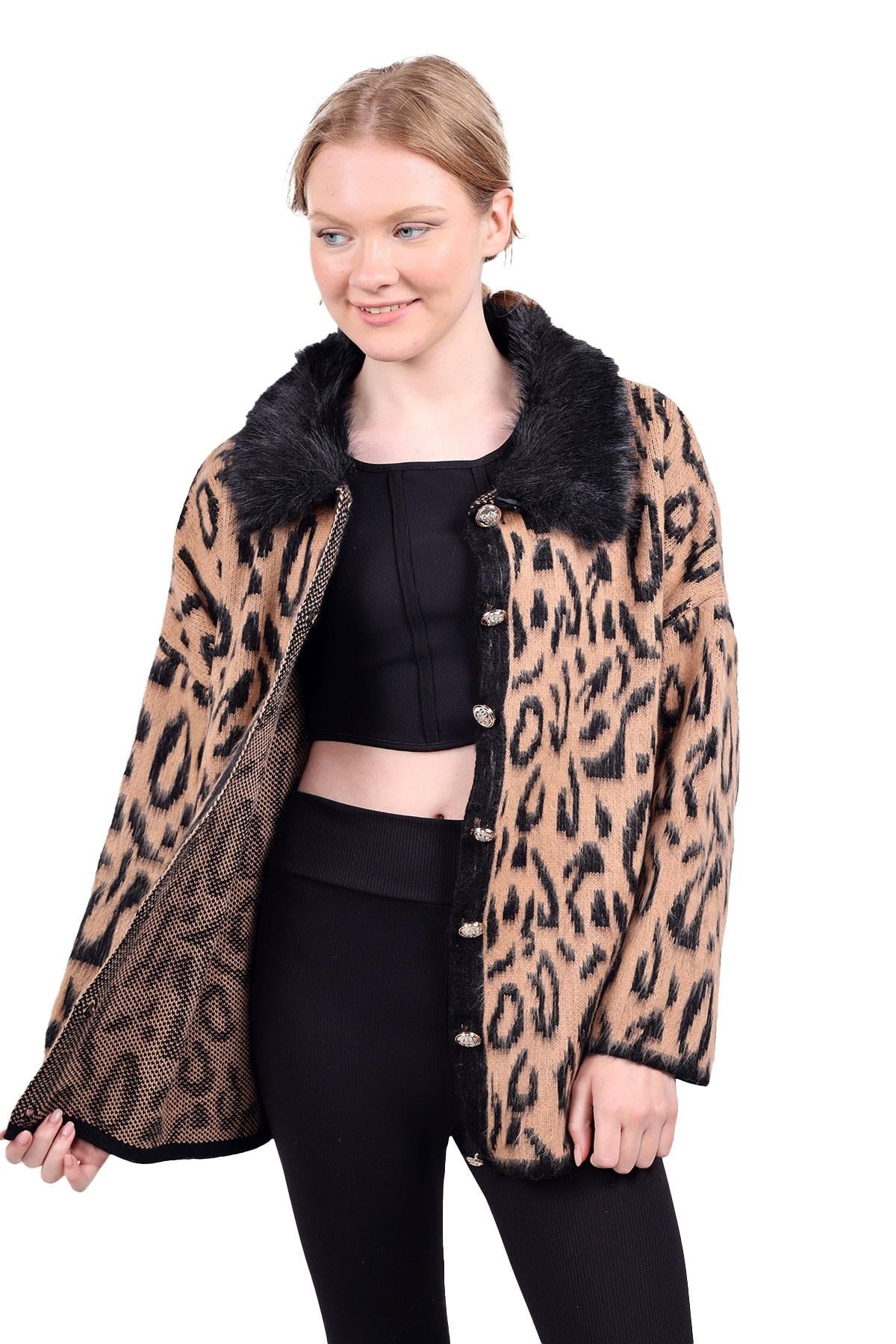 Siyah Leopar Yakası Kürklü Hırka 22288