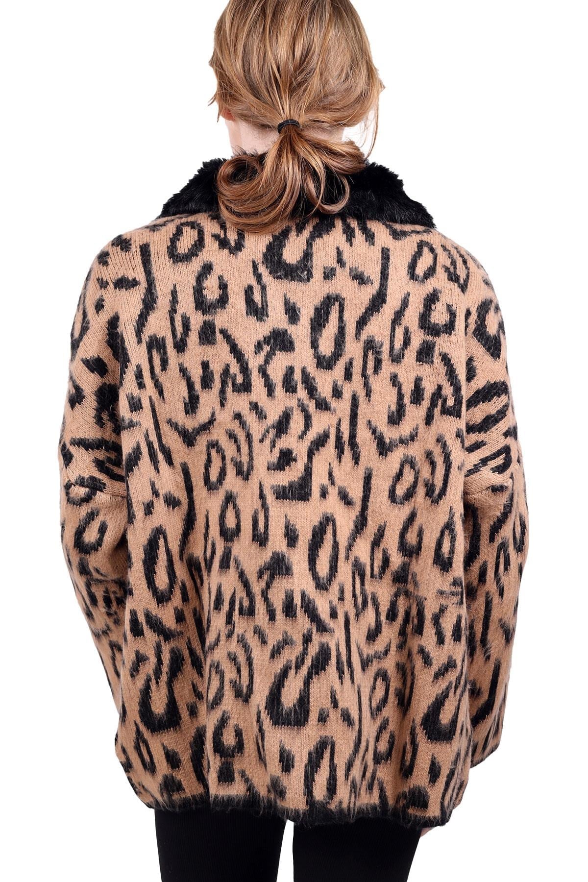Siyah Leopar Yakası Kürklü Hırka 22288