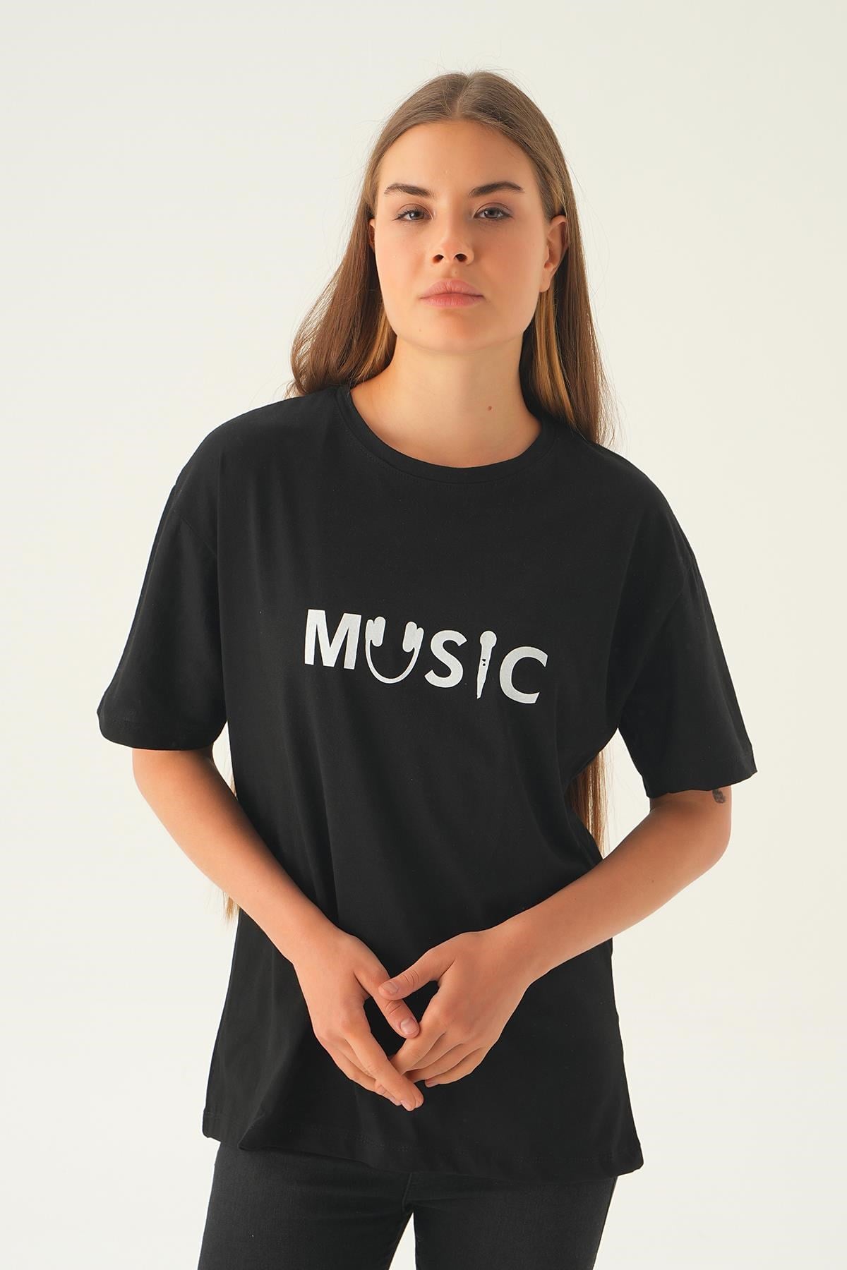 Siyah Music Baskı Oversize Tişört 1717