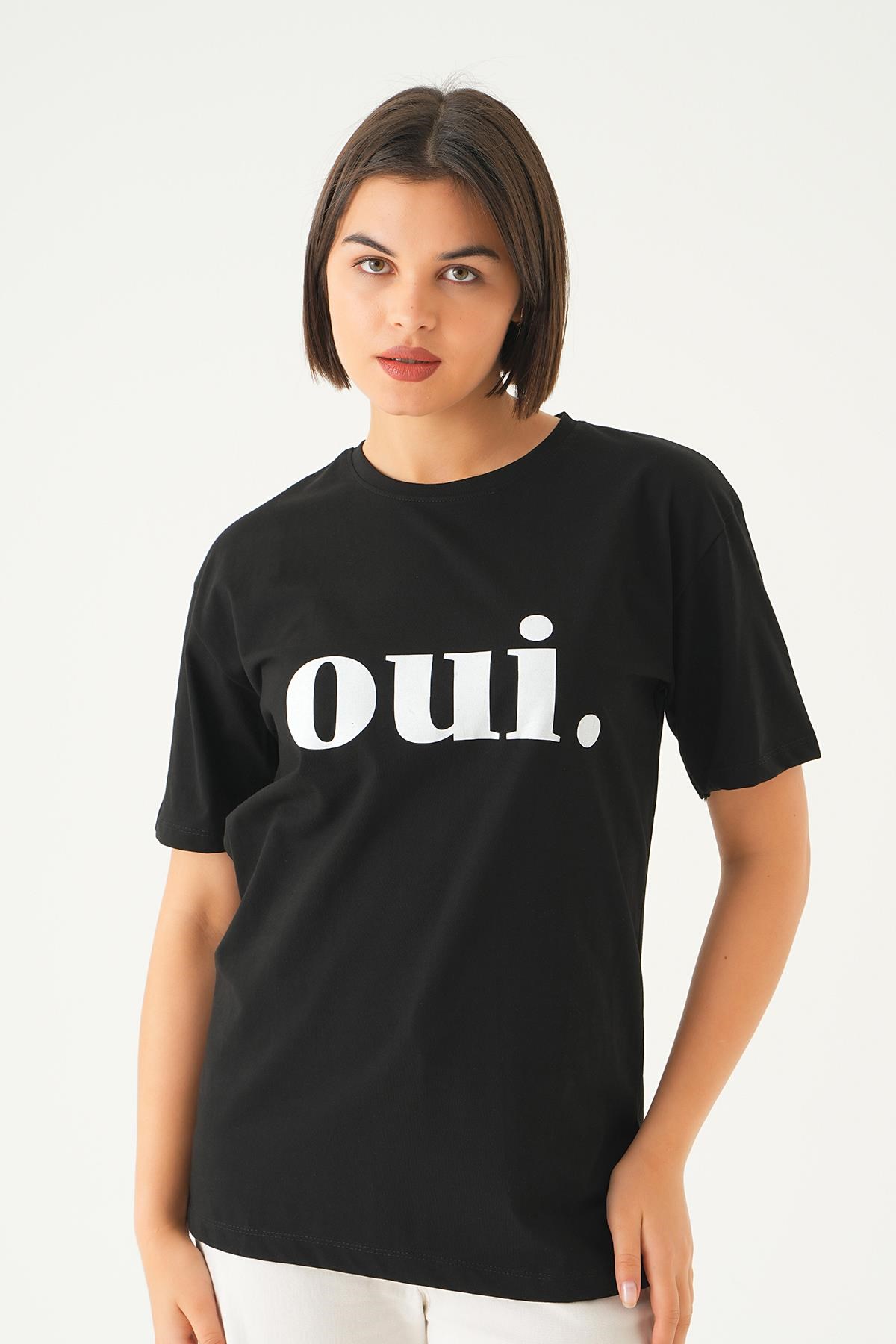 Siyah Oui Baskı Oversize Tişört 1714