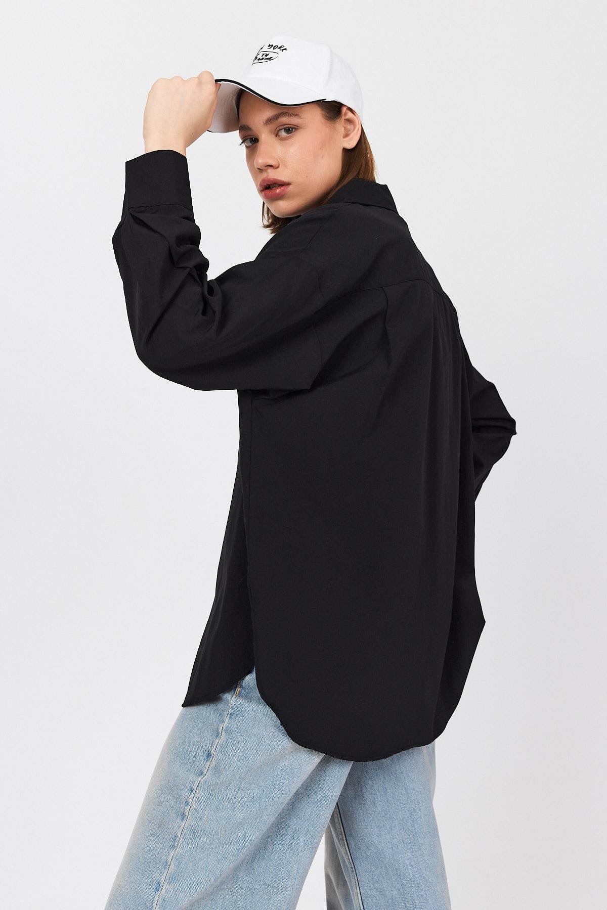Siyah Oversize Basic Uzun Gömlek 4664A