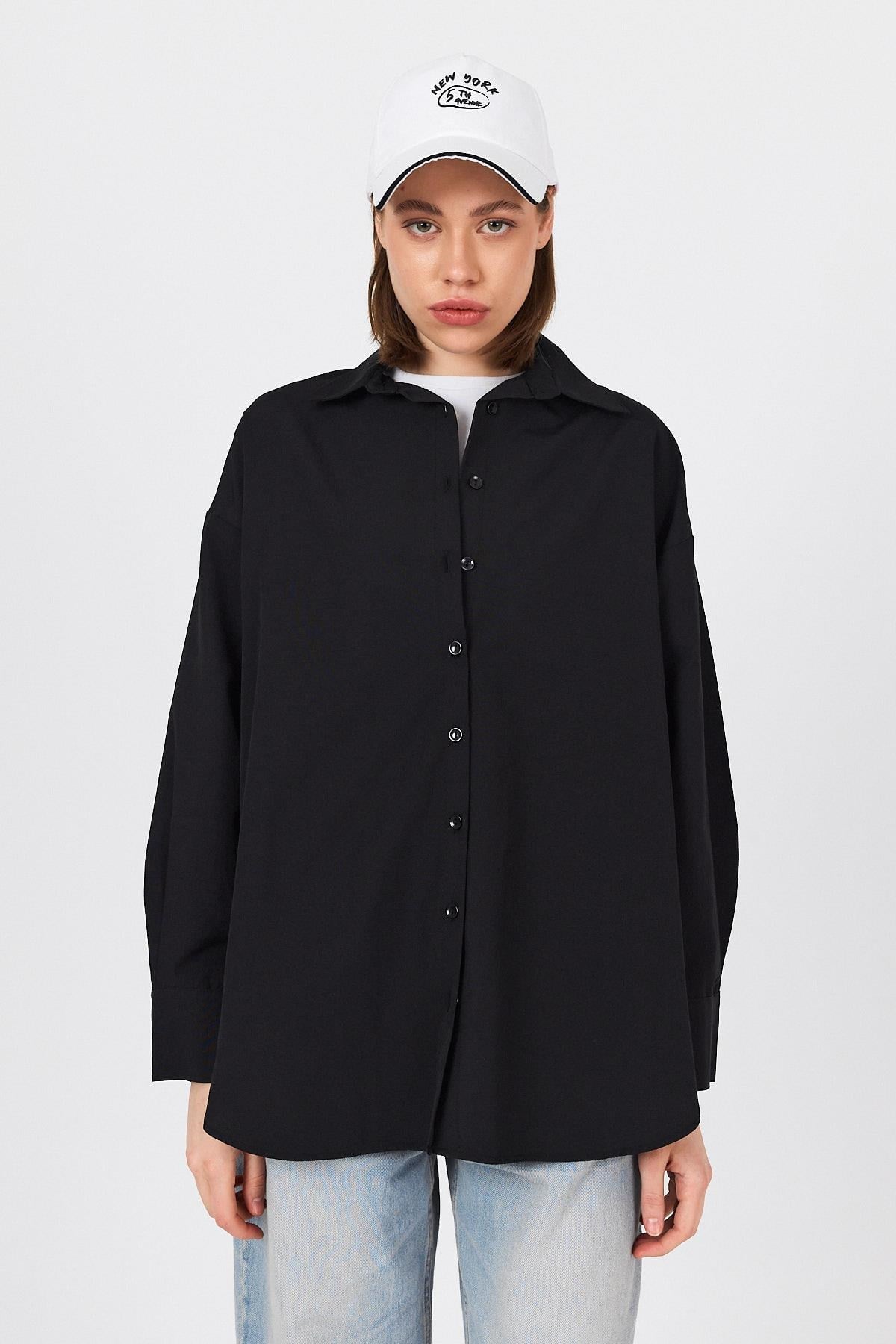 Siyah Oversize Basic Uzun Gömlek 4664A