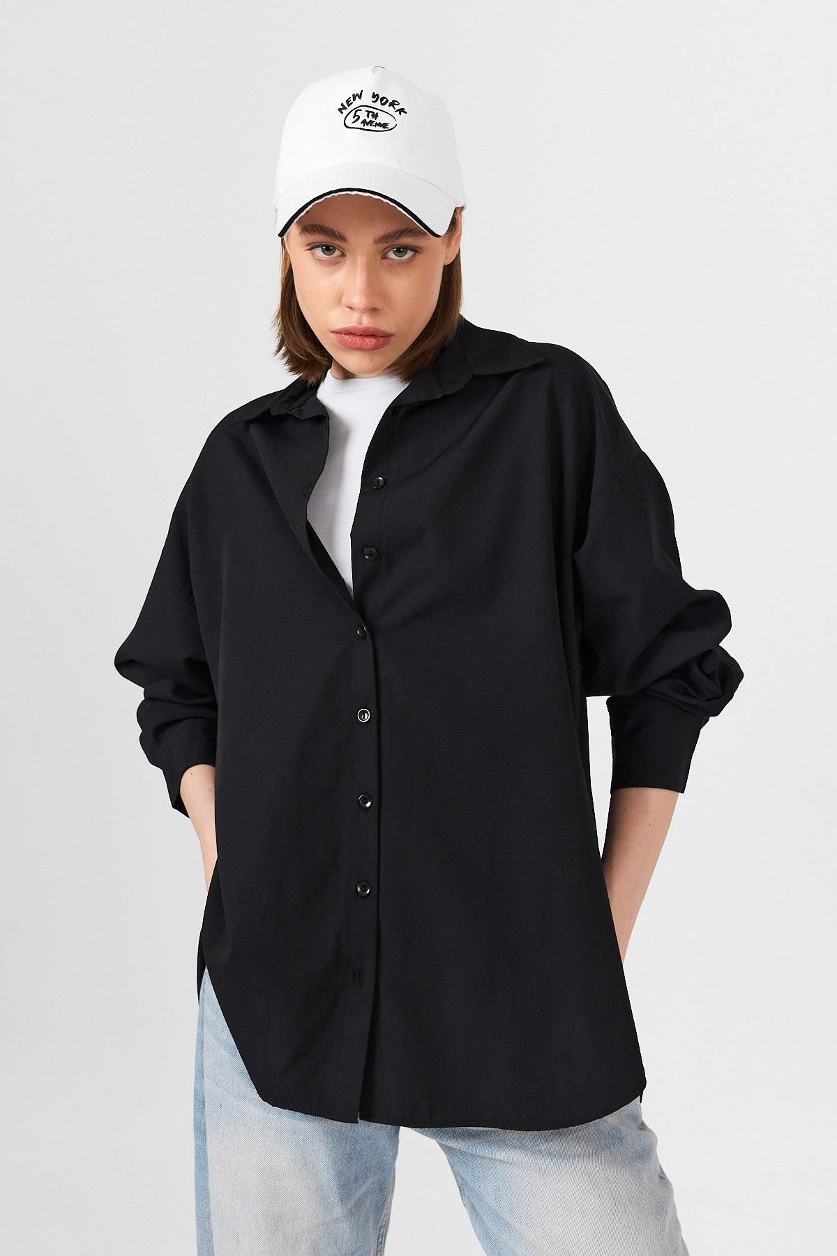Siyah Oversize Basic Uzun Gömlek 4664A